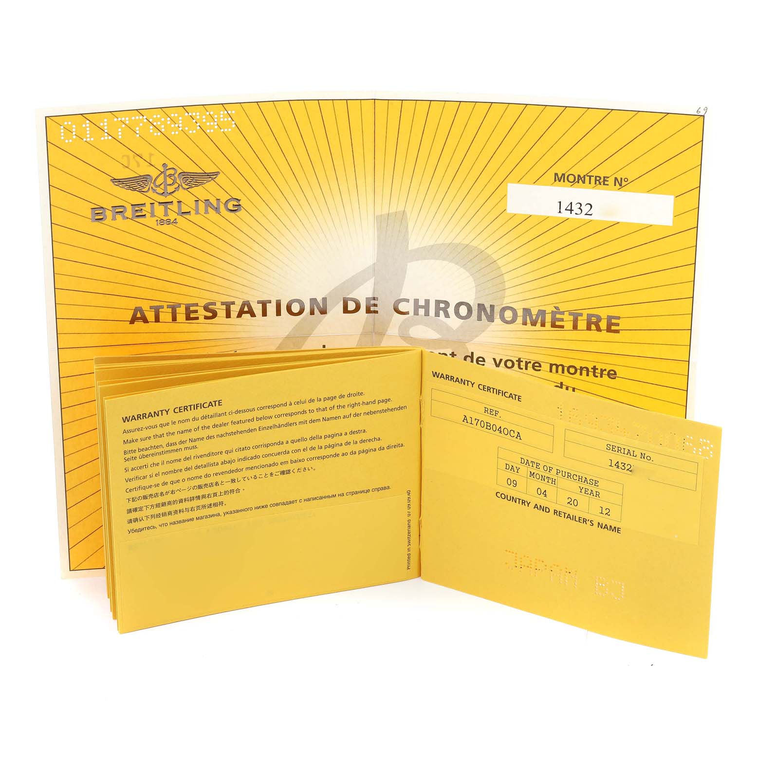 The image shows the warranty certificate and chronometer attestation for the Breitling Superocean A17321 Men's Stainless Steel Black Dial A17321 Men's Stainless Steel Black Dial watch, laid out on a flat surface.