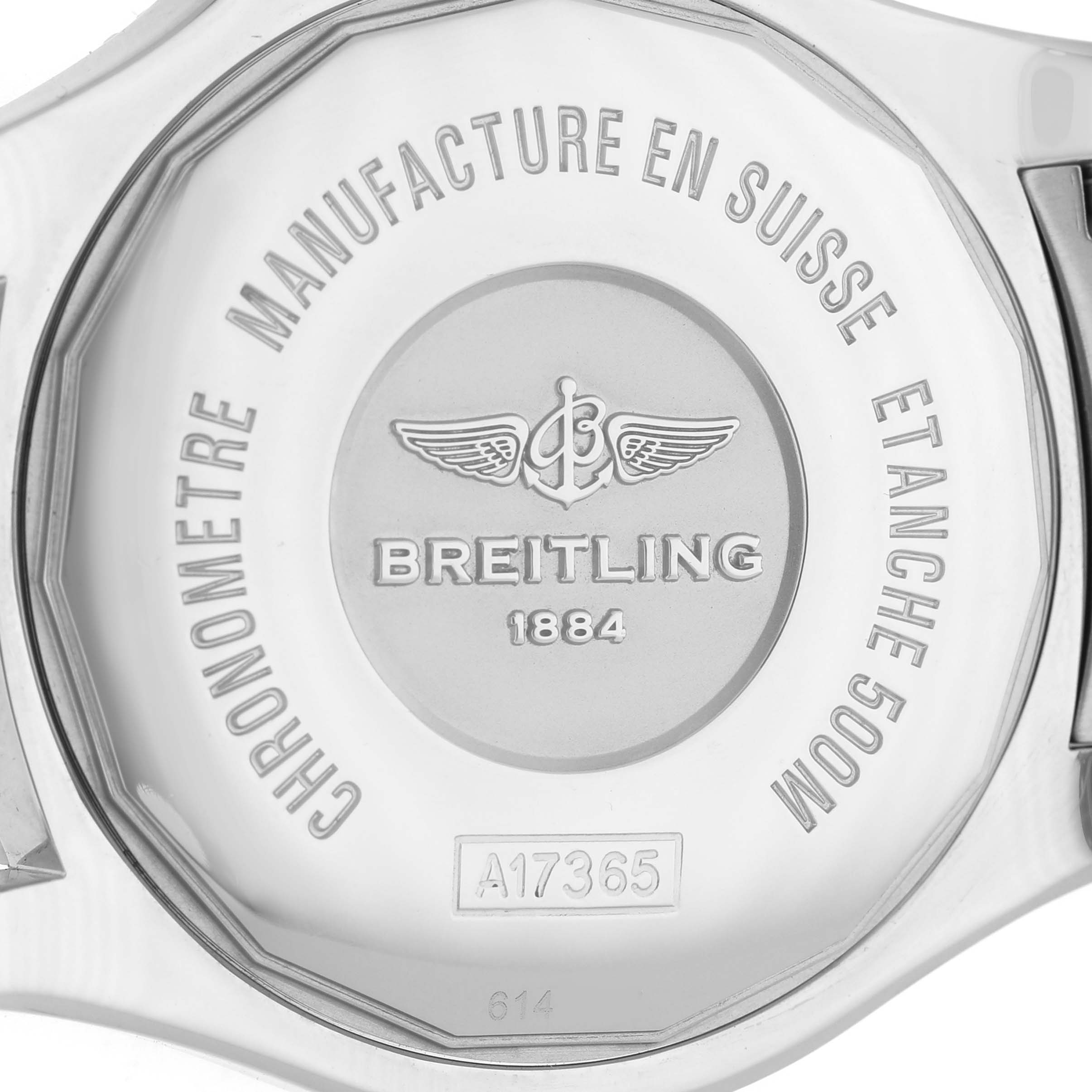 The image shows the case back of the Breitling Superocean A17365 Men's Stainless Steel Black Dial watch, displaying branding and specifications.