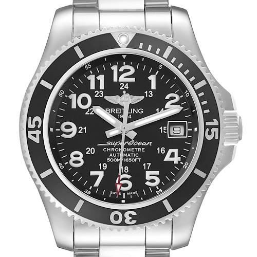 The Breitling Superocean A17365 Men's Stainless Steel Black Dial watch is shown from a front view, highlighting the dial, bezel, and metal bracelet.
