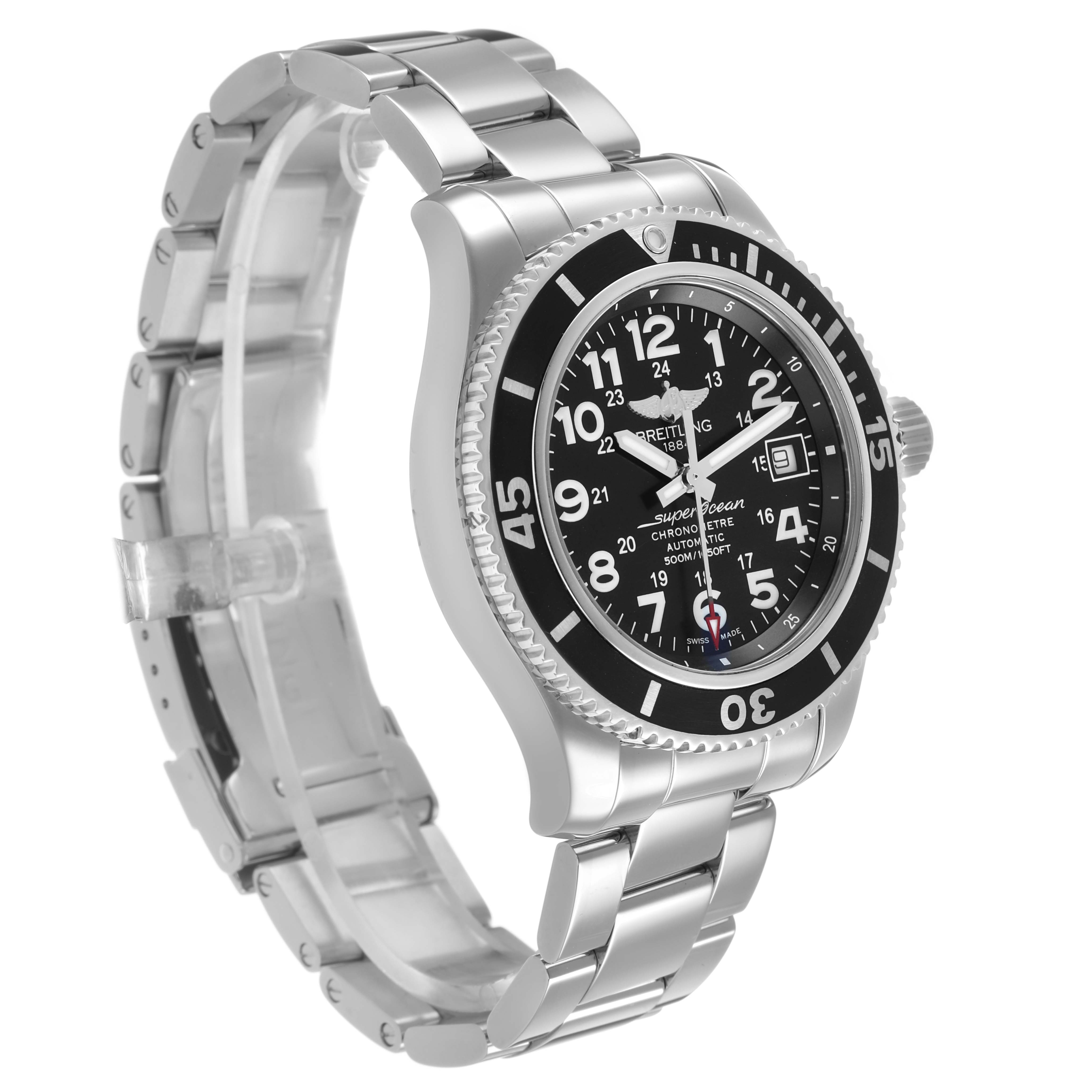 The Breitling Superocean A17365 Men's Stainless Steel Black Dial watch is shown at a three-quarter angle, highlighting the dial, bezel, and metal bracelet.