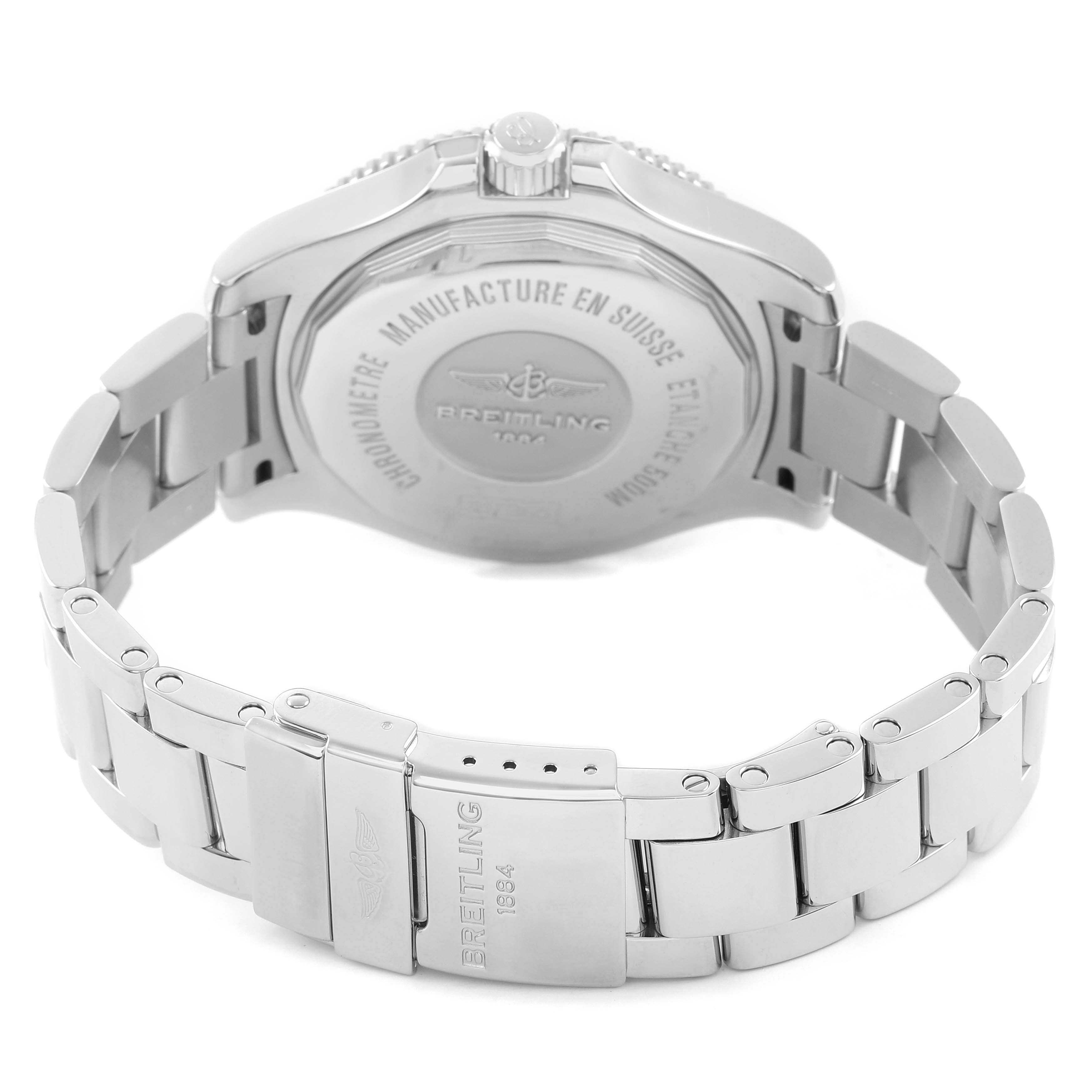 The image shows the back and bracelet of a Breitling Superocean A17365 Men's Stainless Steel Black Dial watch at a slight rear angle.