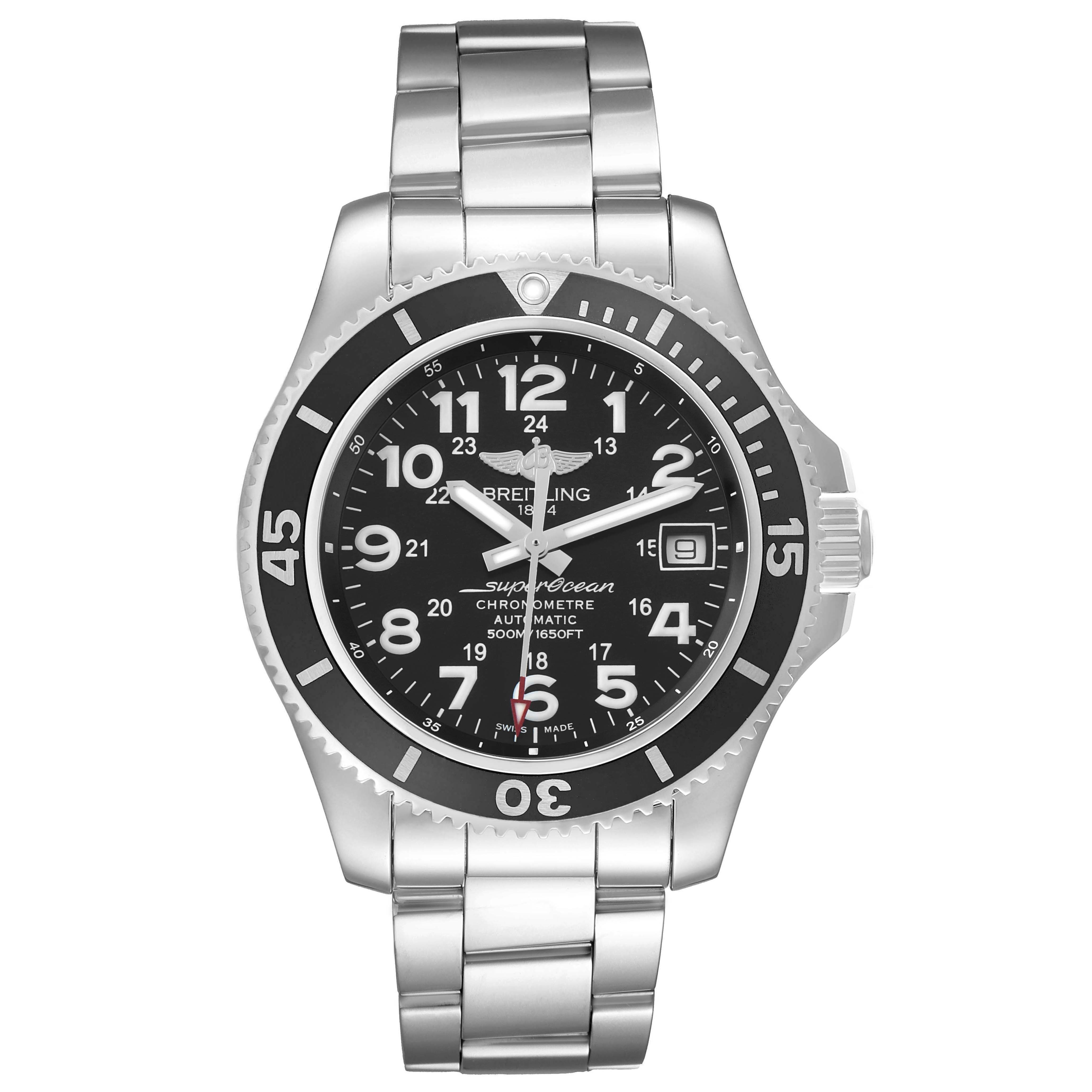The Breitling Superocean A17365 Men's Stainless Steel Black Dial watch is shown from a top-down angle, featuring its full face and stainless steel bracelet.