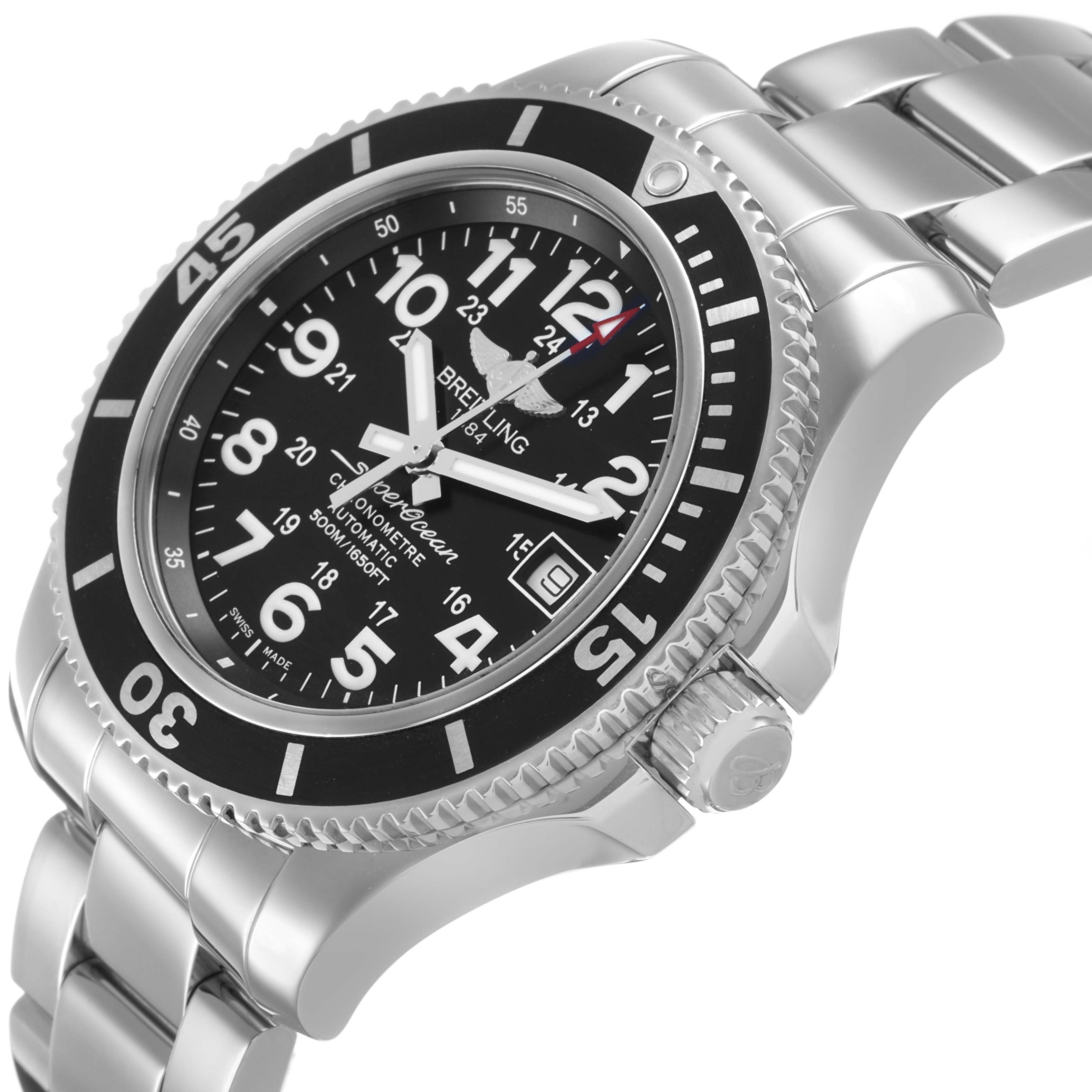 The Breitling Superocean A17365 Men's Stainless Steel Black Dial watch is shown at a slight angle displaying the dial, bezel, crown, and part of the stainless steel bracelet.