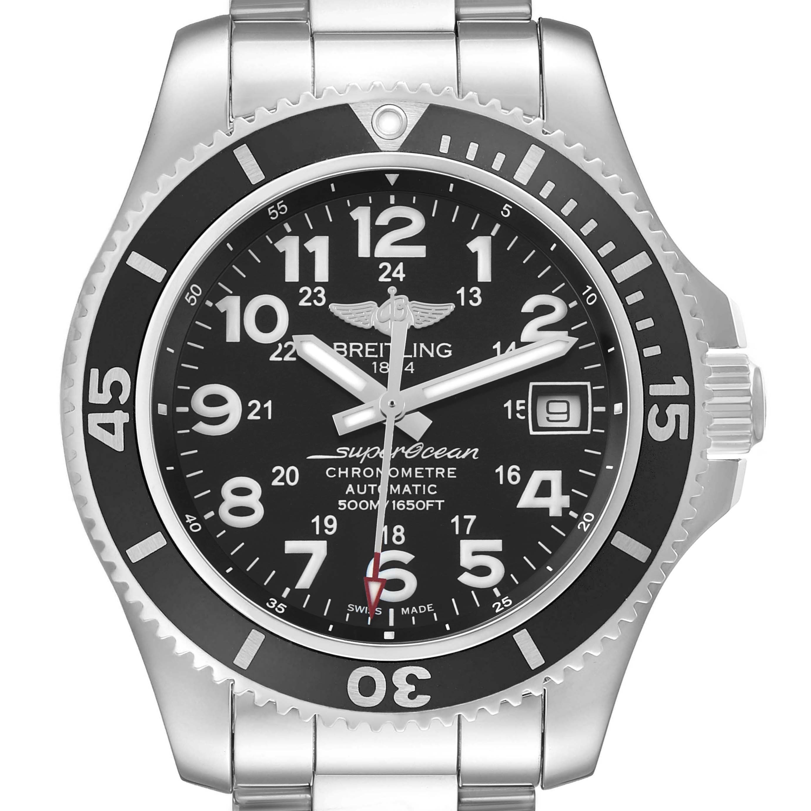 The image shows a front view of the Breitling Superocean A17365 Men's Stainless Steel Black Dial watch, highlighting its dial, bezel, and bracelet.