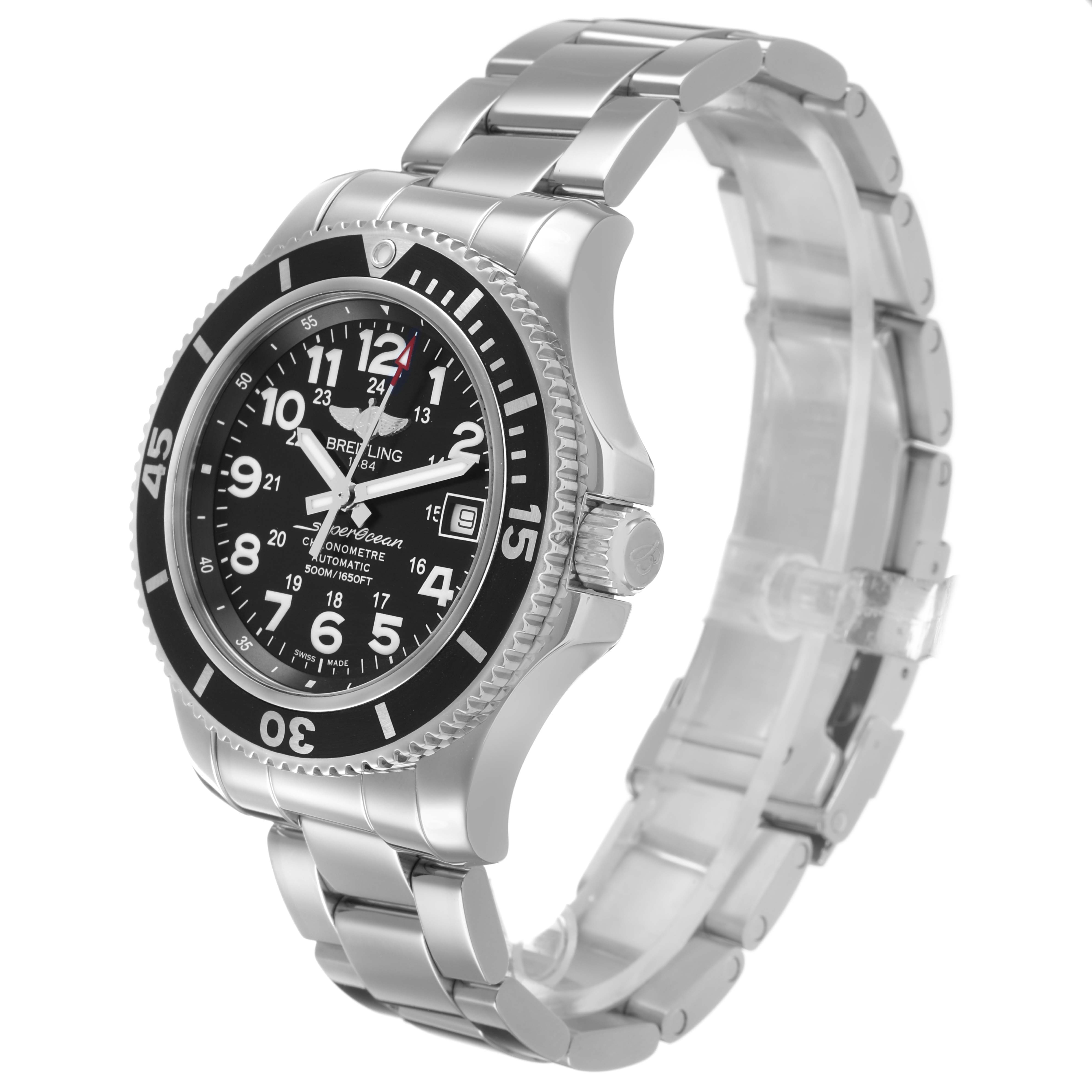 The Breitling Superocean A17365 Men's Stainless Steel Black Dial watch is shown at a three-quarter angle, highlighting the bezel, dial, crown, and bracelet.