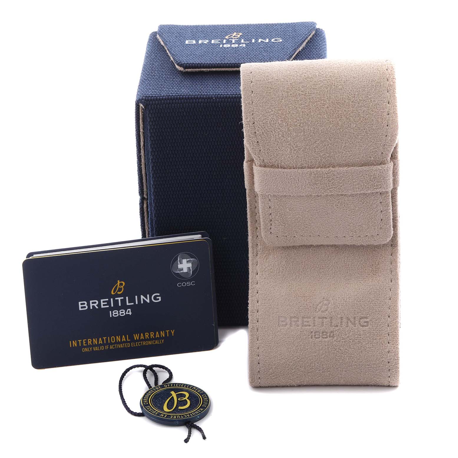 The image shows a Breitling Premier RB01761A1Q1X1 Men's Rose Gold Brown Dial RB01761A1Q1X1 Men's Rose Gold Brown Dial watch box, warranty card, and beige carrying pouch.