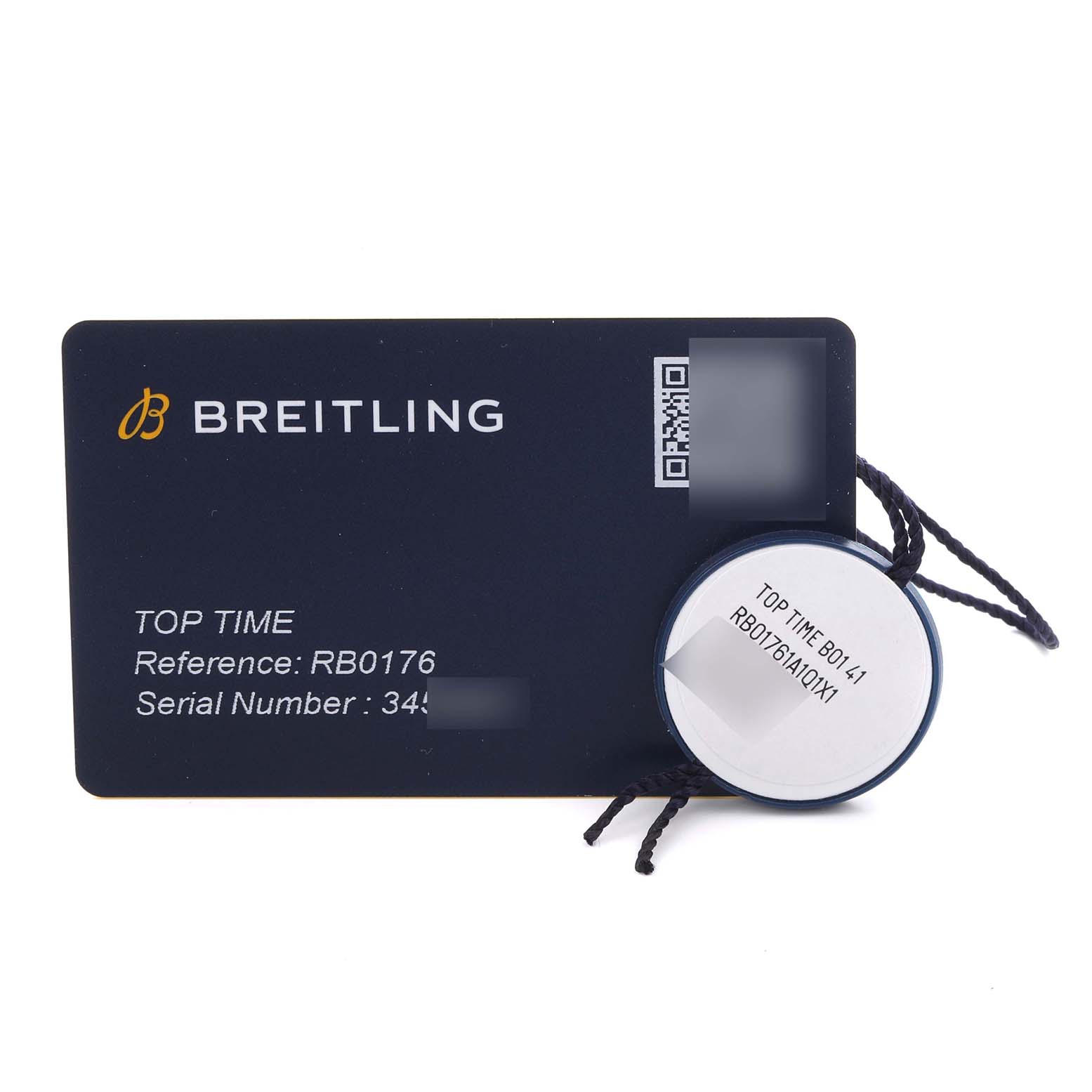 The image shows a Breitling Premier RB01761A1Q1X1 Men's Rose Gold Brown Dial RB01761A1Q1X1 Men's Rose Gold Brown Dial model's warranty card and hang tag from a top-down angle.