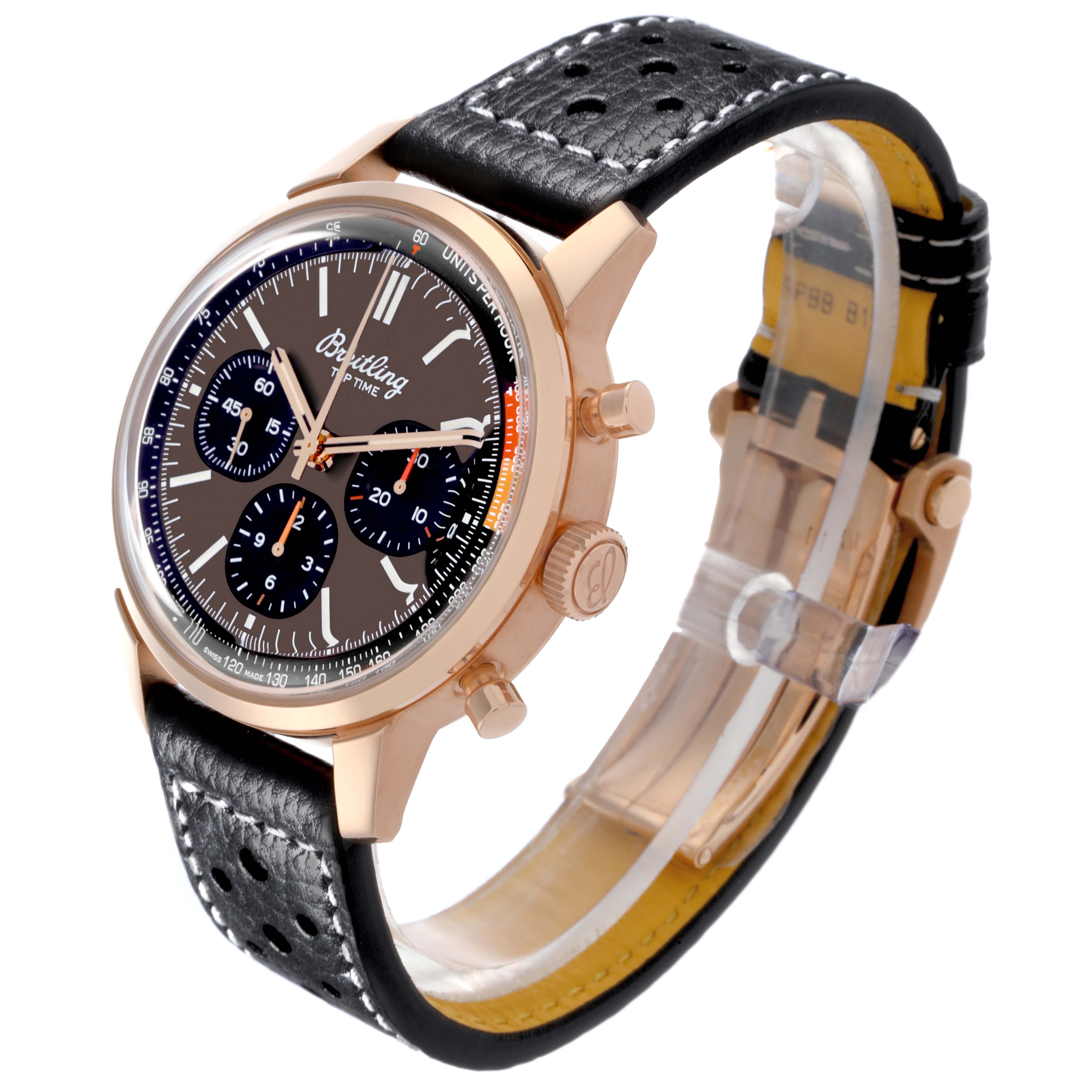 The Breitling Premier RB01761A1Q1X1 Men's Rose Gold Brown Dial RB01761A1Q1X1 Men's Rose Gold Brown Dial watch is shown from a side angle, highlighting the case, bezel, crown, pushers, and leather strap.