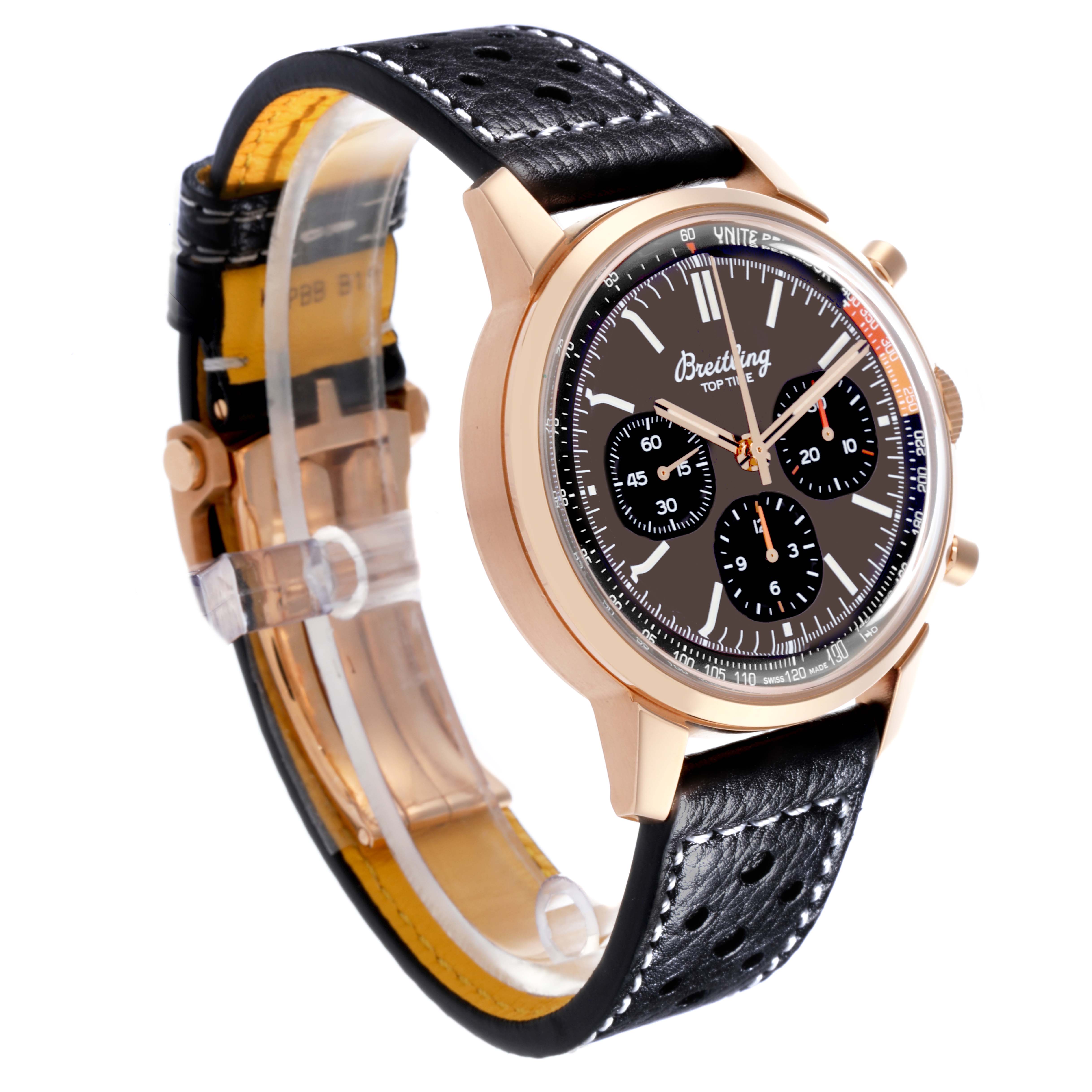 The Breitling Premier RB01761A1Q1X1 Men's Rose Gold Brown Dial RB01761A1Q1X1 Men's Rose Gold Brown Dial watch is shown at a slight angle, revealing the face, three subdials, and part of the black leather strap.