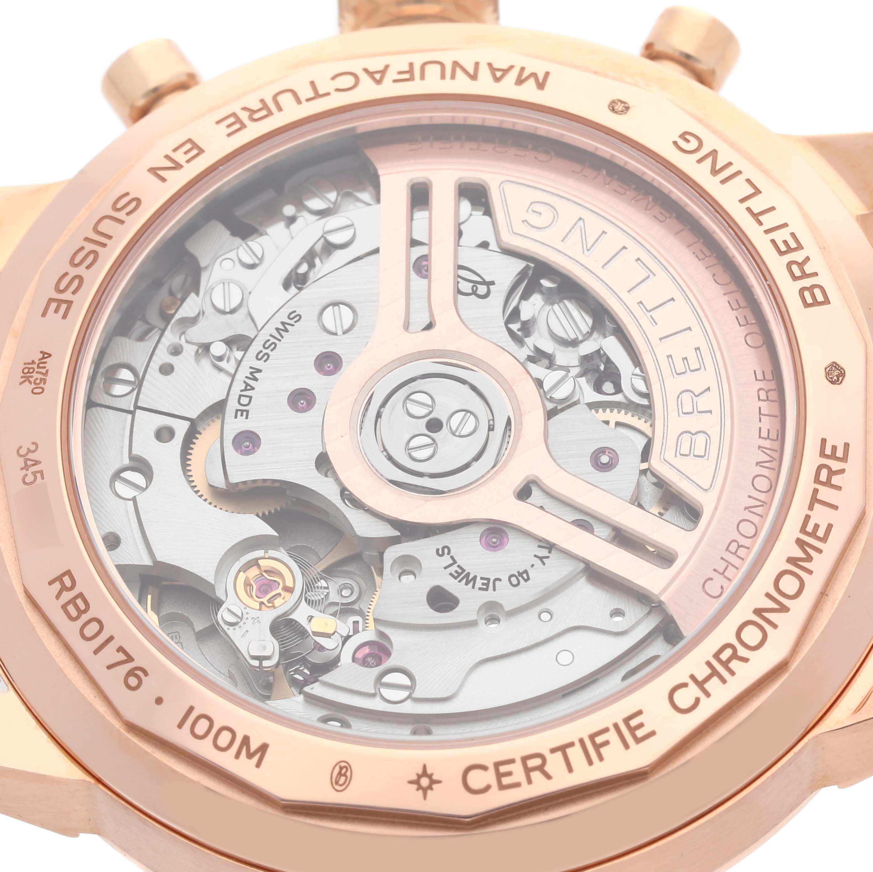 The image shows the back view of the Breitling Premier RB01761A1Q1X1 Men's Rose Gold Brown Dial RB01761A1Q1X1 Men's Rose Gold Brown Dial watch, highlighting its automatic movement and rotor.