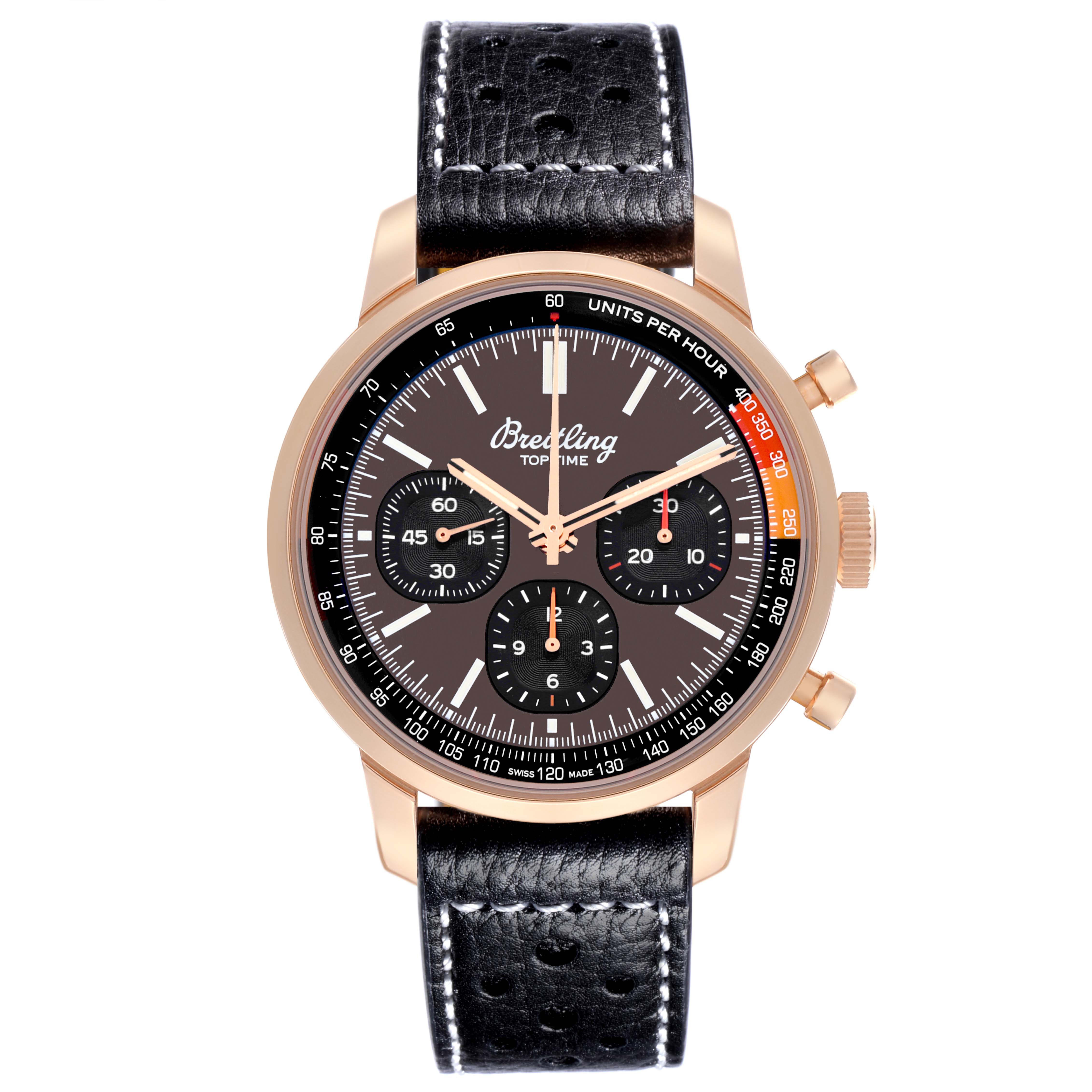 The Breitling Premier RB01761A1Q1X1 Men's Rose Gold Brown Dial RB01761A1Q1X1 Men's Rose Gold Brown Dial watch is shown from a front view, highlighting its dial, subdials, bezel, and leather strap.