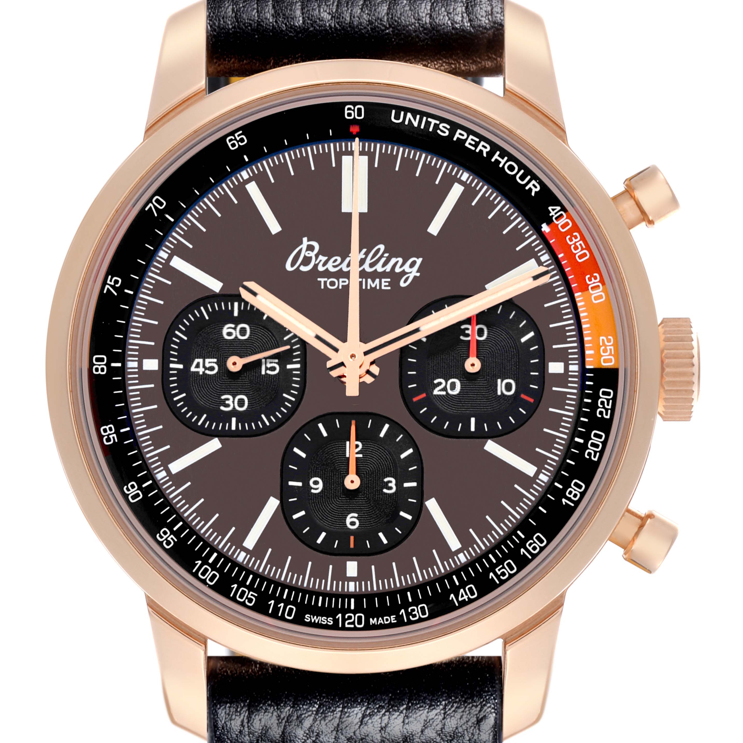 The Breitling Premier RB01761A1Q1X1 Men's Rose Gold Brown Dial RB01761A1Q1X1 Men's Rose Gold Brown Dial watch is shown from a front angle, highlighting the dial, subdials, bezel, and pushers.