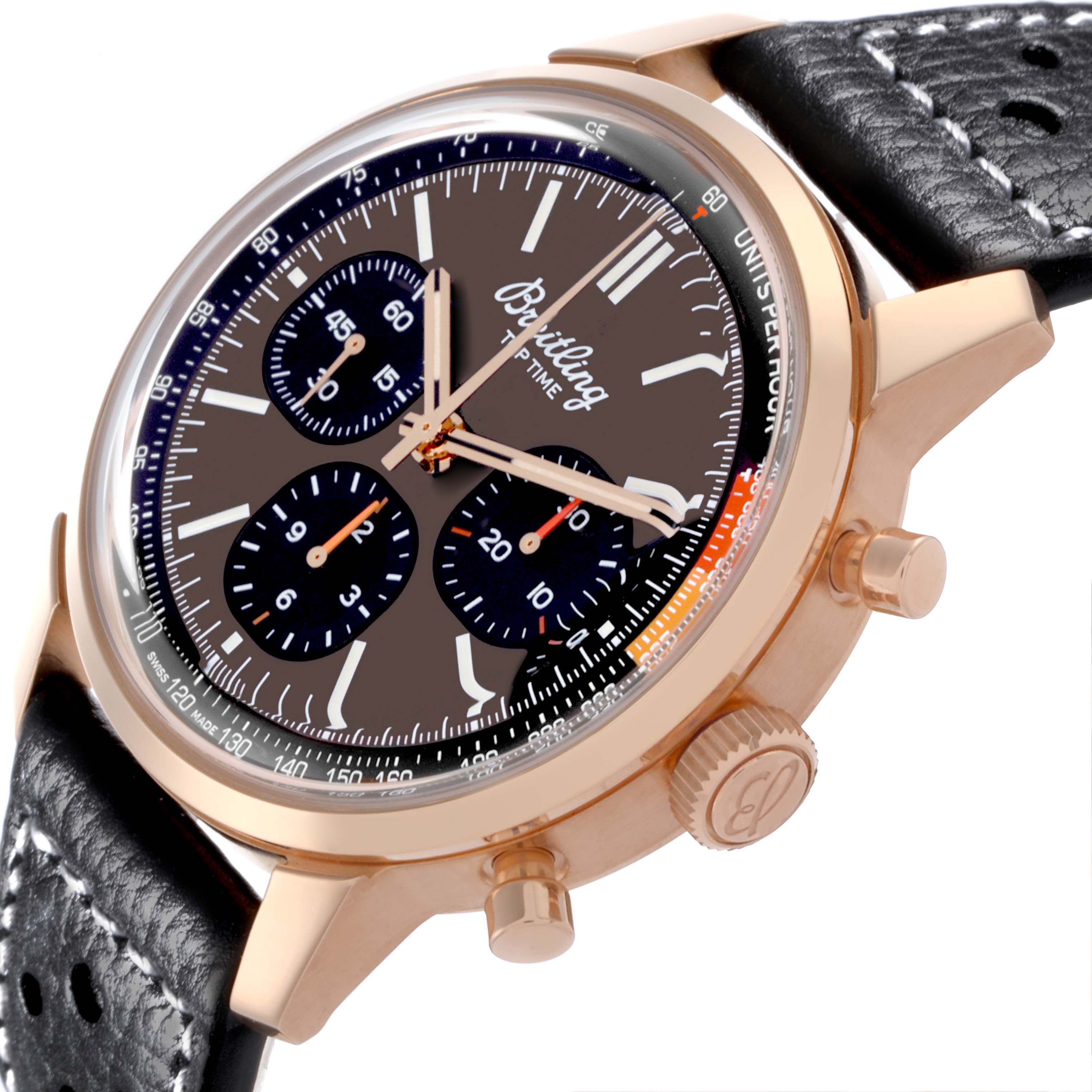 The Breitling Premier RB01761A1Q1X1 Men's Rose Gold Brown Dial RB01761A1Q1X1 Men's Rose Gold Brown Dial watch is shown from a side angle highlighting the dial, case, crown, and pushers.