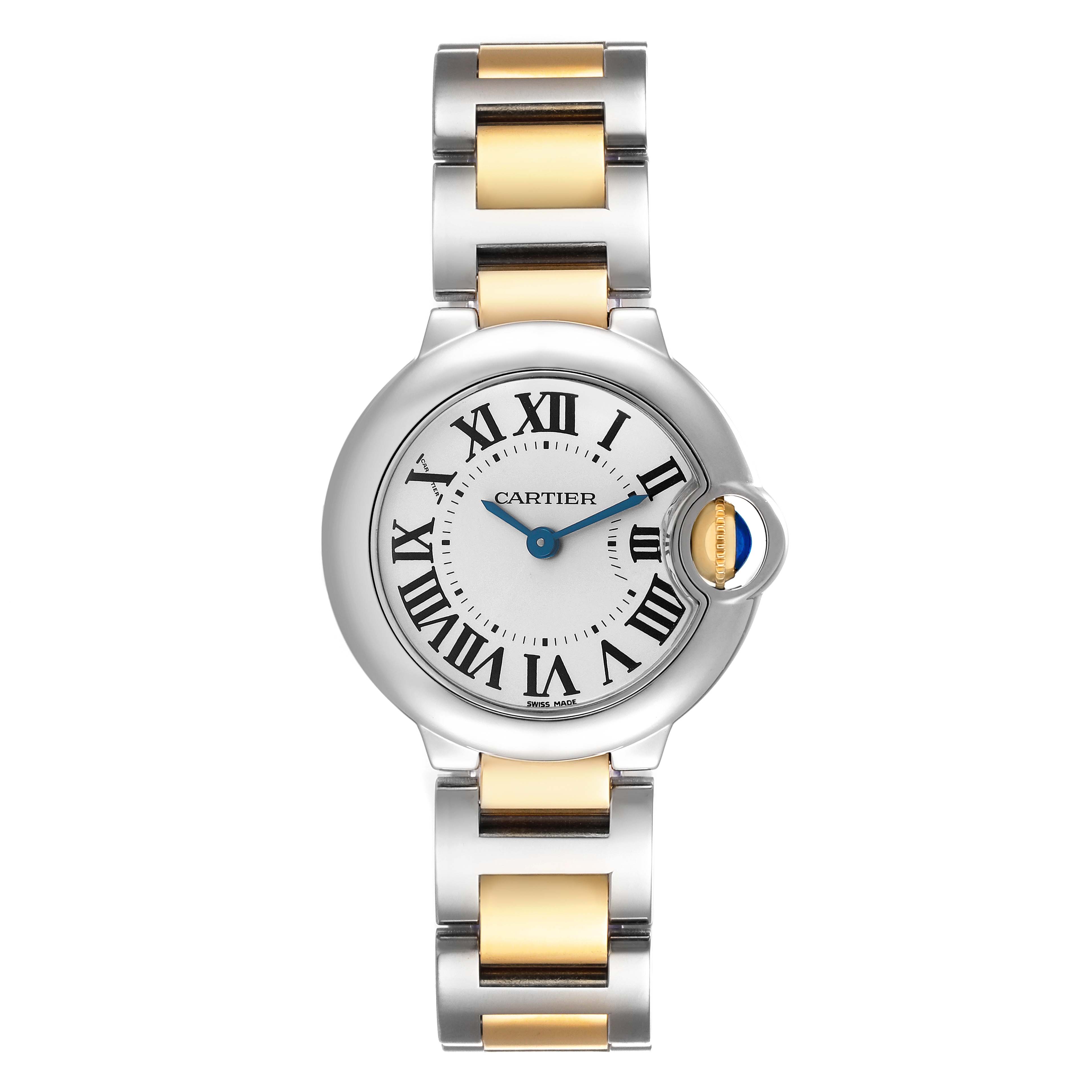 The Cartier Ballon Bleu W69007Z3 Women's Steel and Gold (two tone) Silver Dial watch is shown from the front, featuring its dial, Roman numerals, and metal bracelet.