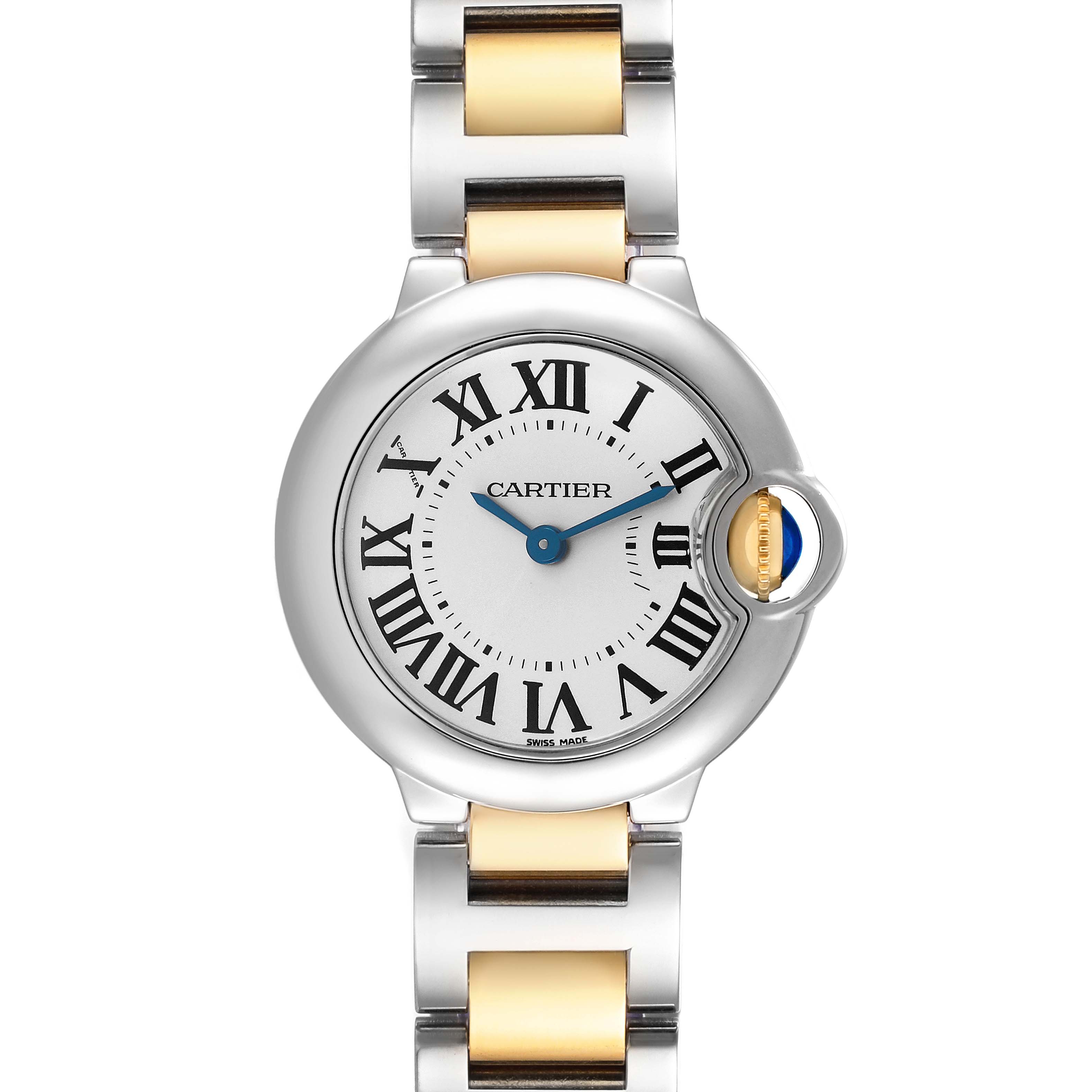 The Cartier Ballon Bleu W69007Z3 Women's Steel and Gold (two tone) Silver Dial watch is shown from a front angle, highlighting its round face, Roman numerals, and two-tone bracelet.