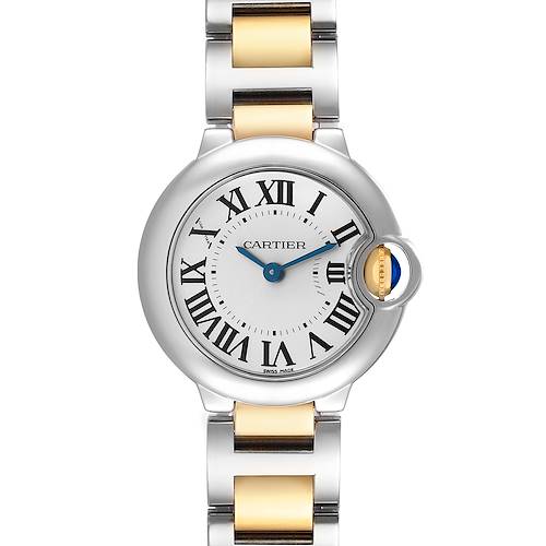 The Cartier Ballon Bleu W69007Z3 Women's Steel and Gold (two tone) Silver Dial watch is shown from a top-down angle, displaying its dial, crown with a blue gemstone, and two-tone bracelet.