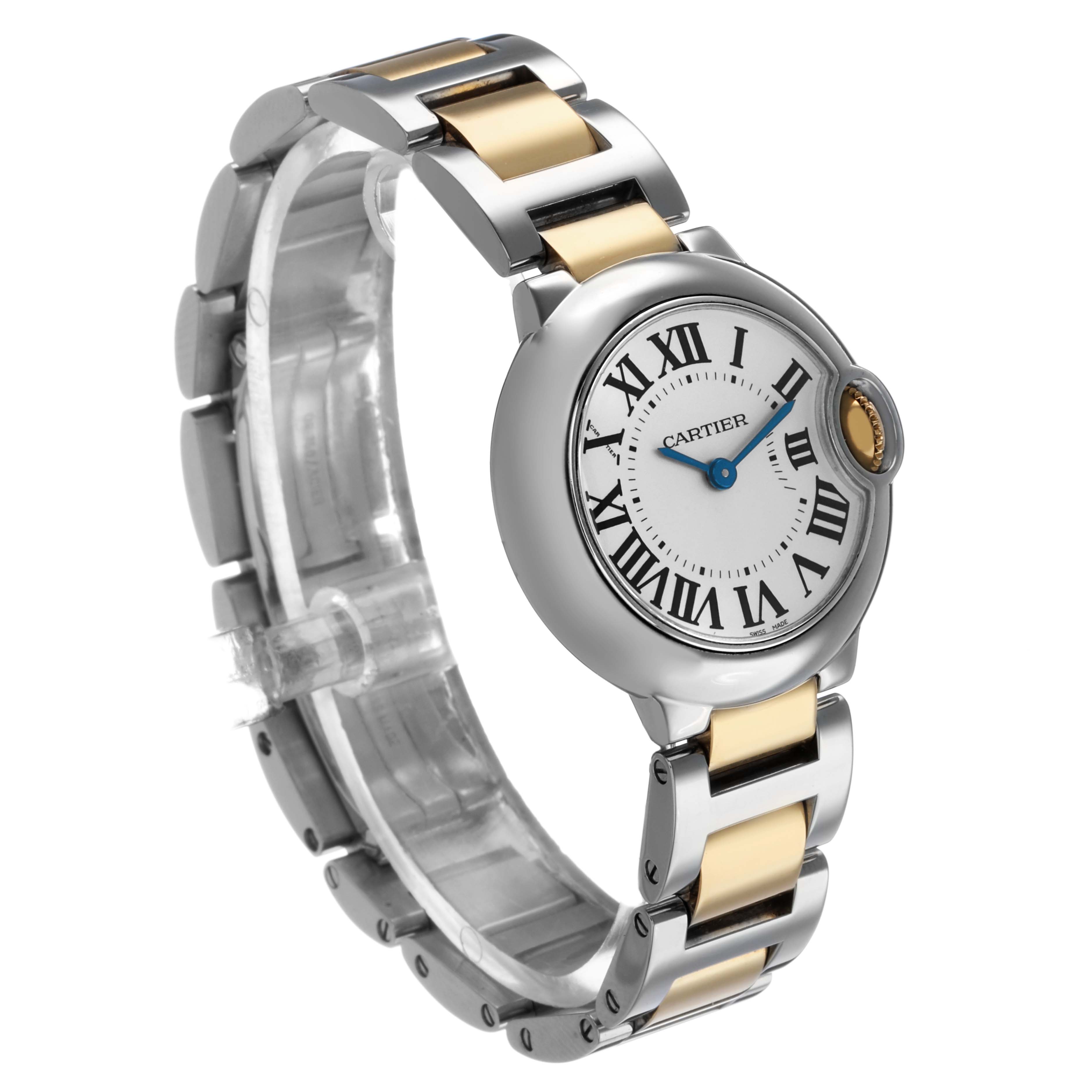 The Cartier Ballon Bleu W69007Z3 Women's Steel and Gold (two tone) Silver Dial watch is shown at a three-quarter view, displaying its face, crown, and two-tone bracelet.