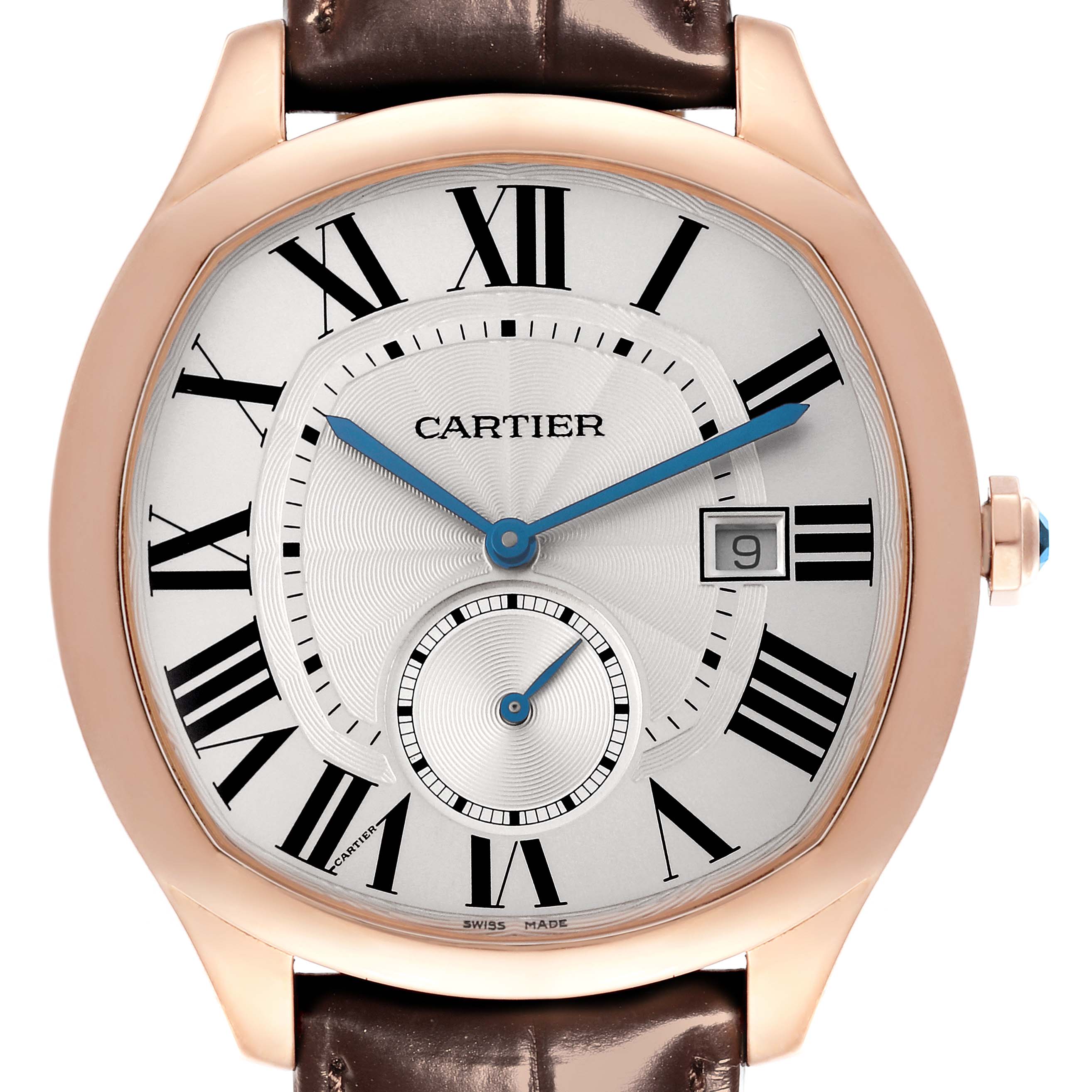 The Drive de Cartier watch is shown from the front, highlighting its dial, Roman numerals, date window, and crown.