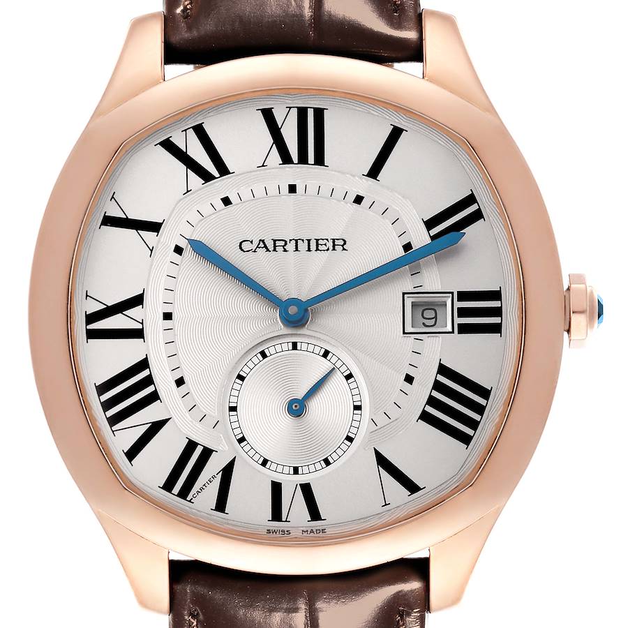 The Drive de Cartier watch is shown from the front, highlighting its dial, Roman numerals, date window, and crown.