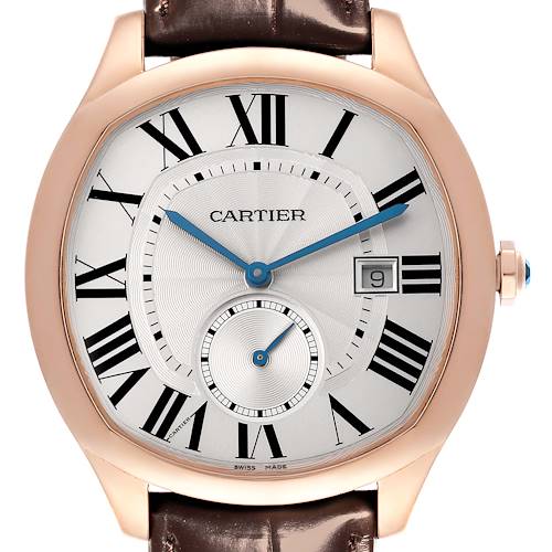 The Drive de Cartier watch is shown from a front angle, displaying its dial, Roman numerals, hands, sub-dial, and crown.