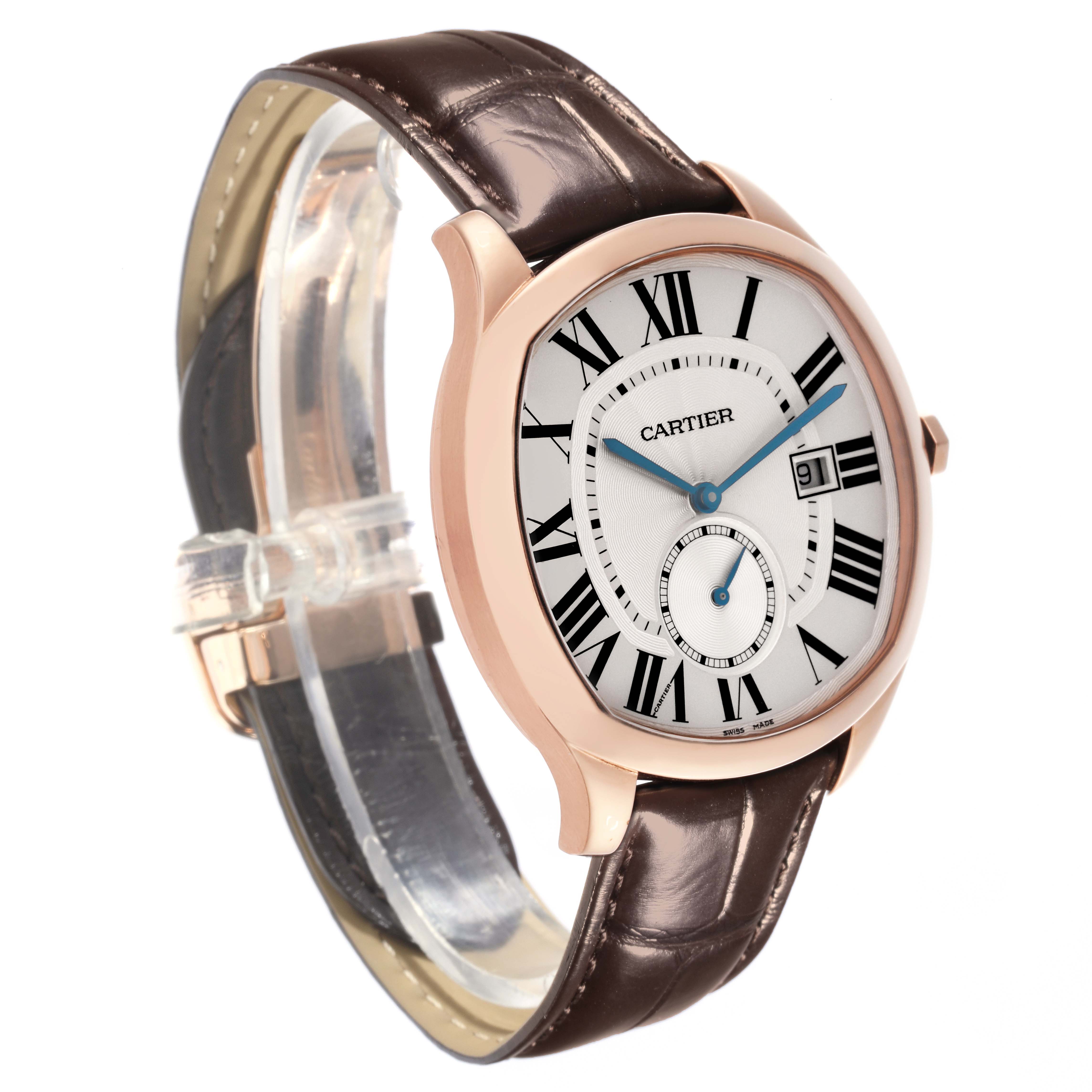 The Drive de Cartier watch is shown at a three-quarter angle highlighting the face, case, and leather strap.
