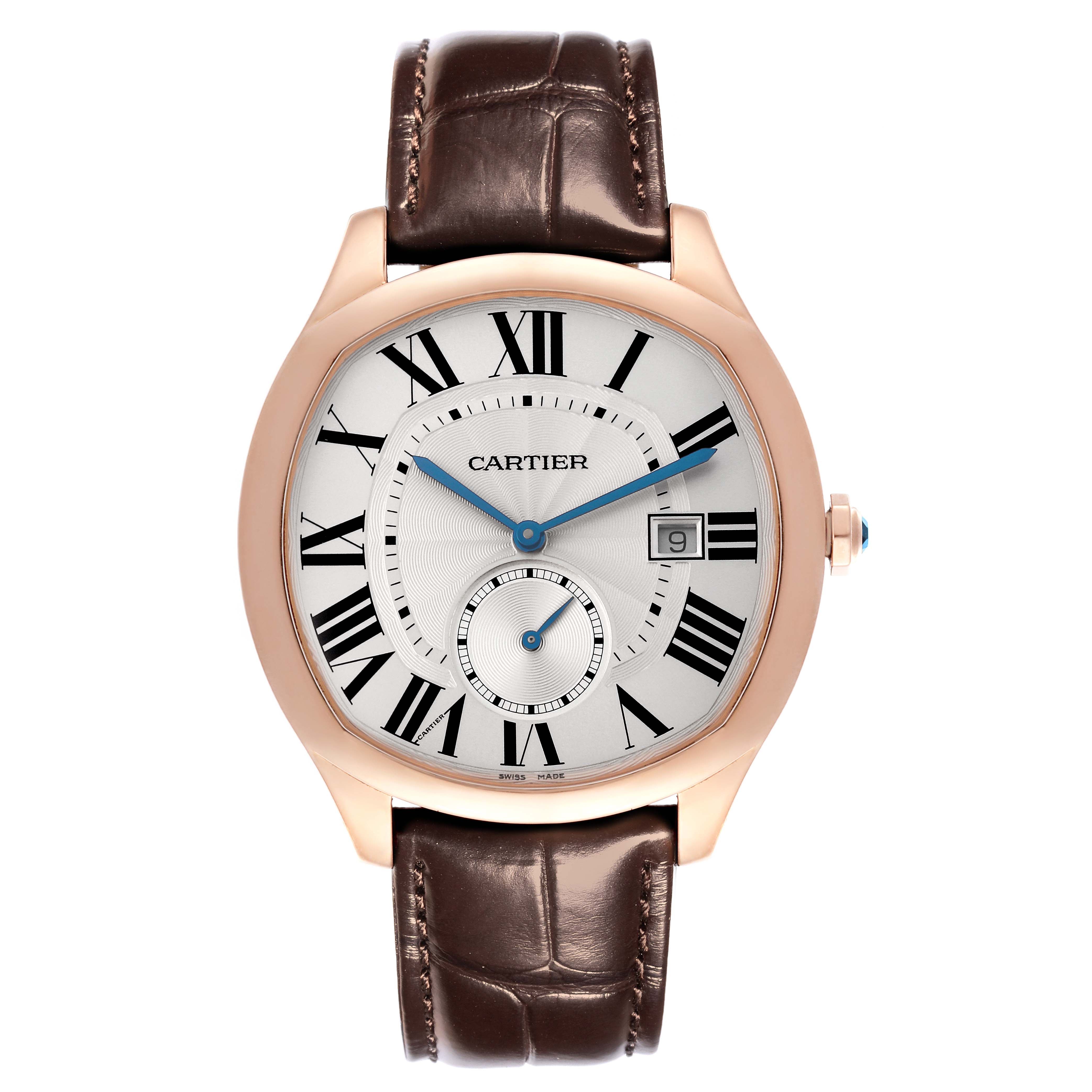The Drive de Cartier watch by Cartier is shown from a front angle, highlighting the face, leather strap, and side crown.