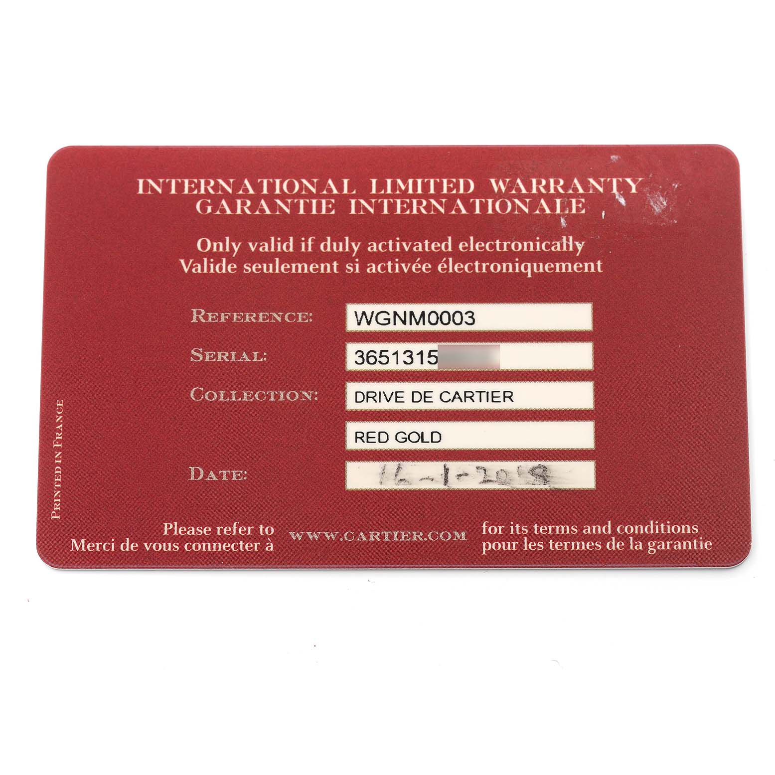 The image shows the international limited warranty card for the Drive de Cartier watch by Cartier.
