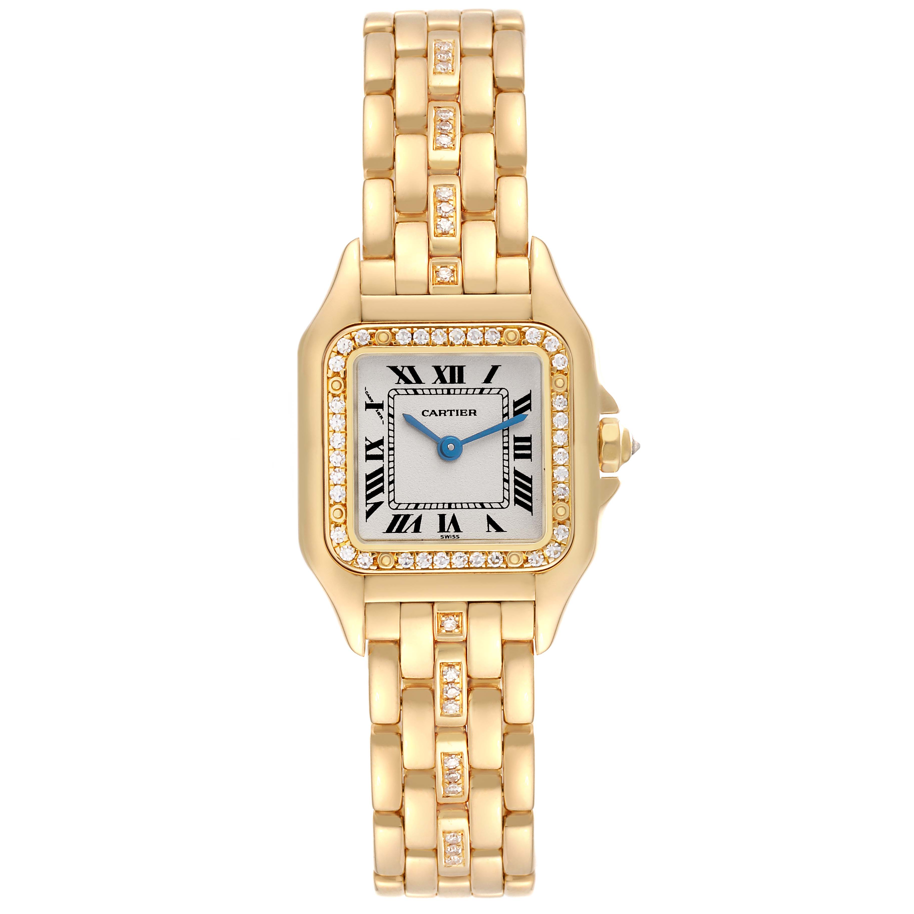 The Cartier Panthere WF3070FD Women's Yellow Gold Silver Dial WF3070FD Women's Yellow Gold Silver Dial watch is shown from a top-down angle, displaying its face, bezel, and bracelet.