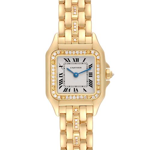 The Panthère de Cartier watch is shown from the front, featuring the face, bezel, and gold bracelet with diamond accents.