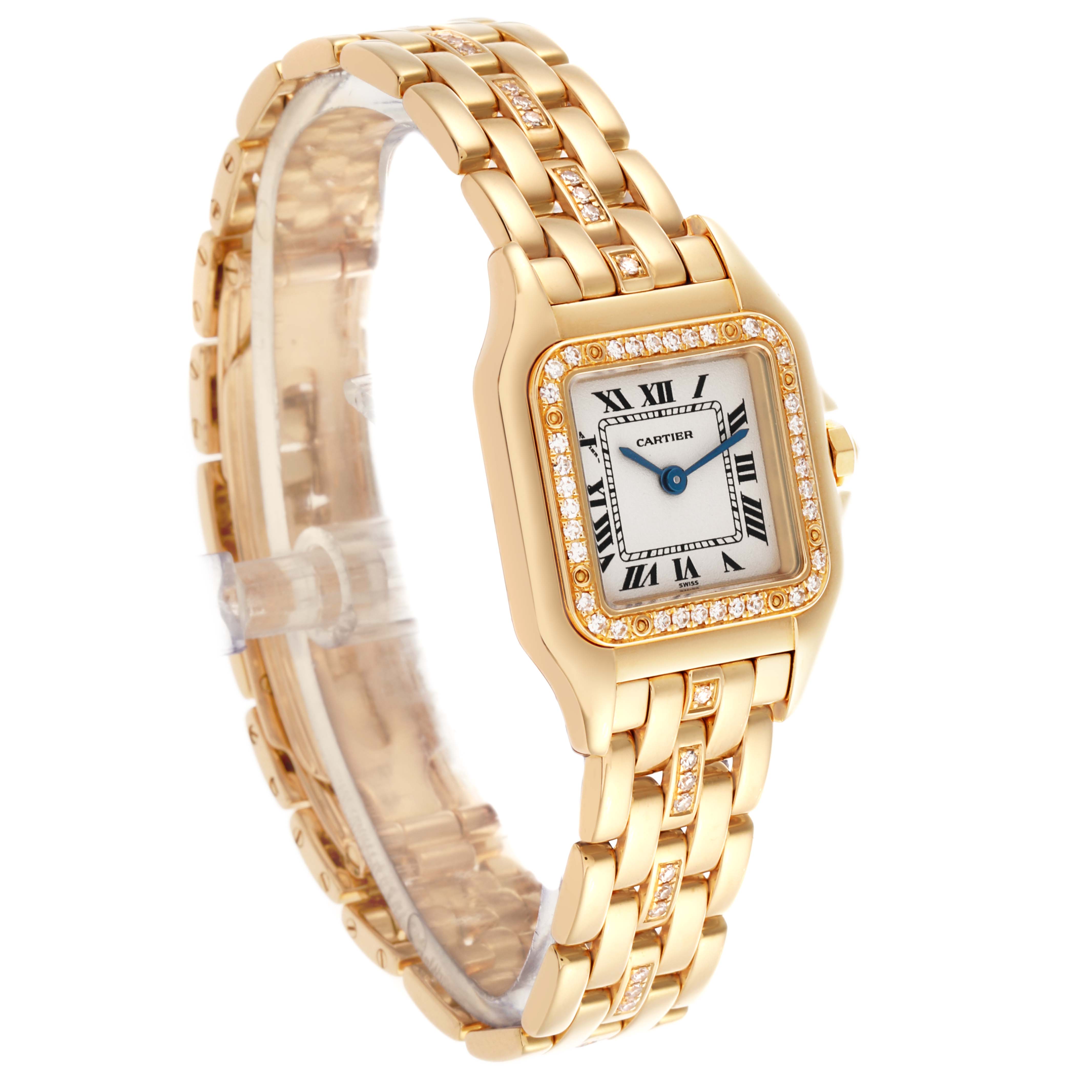 The Cartier Panthere WF3070FD Women's Yellow Gold Silver Dial WF3070FD Women's Yellow Gold Silver Dial watch is shown at an angled side view, displaying its bracelet and diamond-accented bezel.