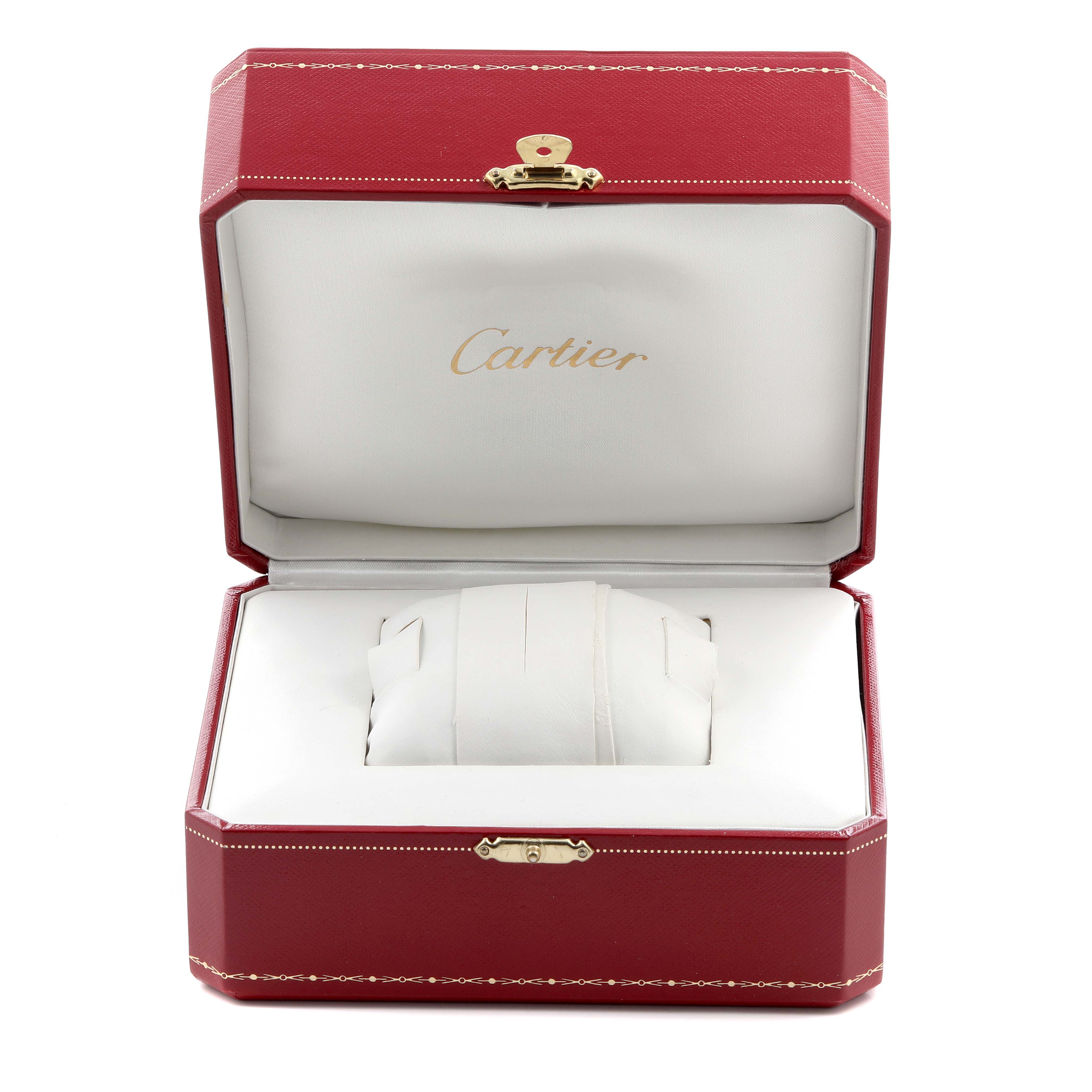 The image shows an open Cartier Panthere WF3070FD Women's Yellow Gold Silver Dial WF3070FD Women's Yellow Gold Silver Dial watch box, with a cushioned display but no watch visible.