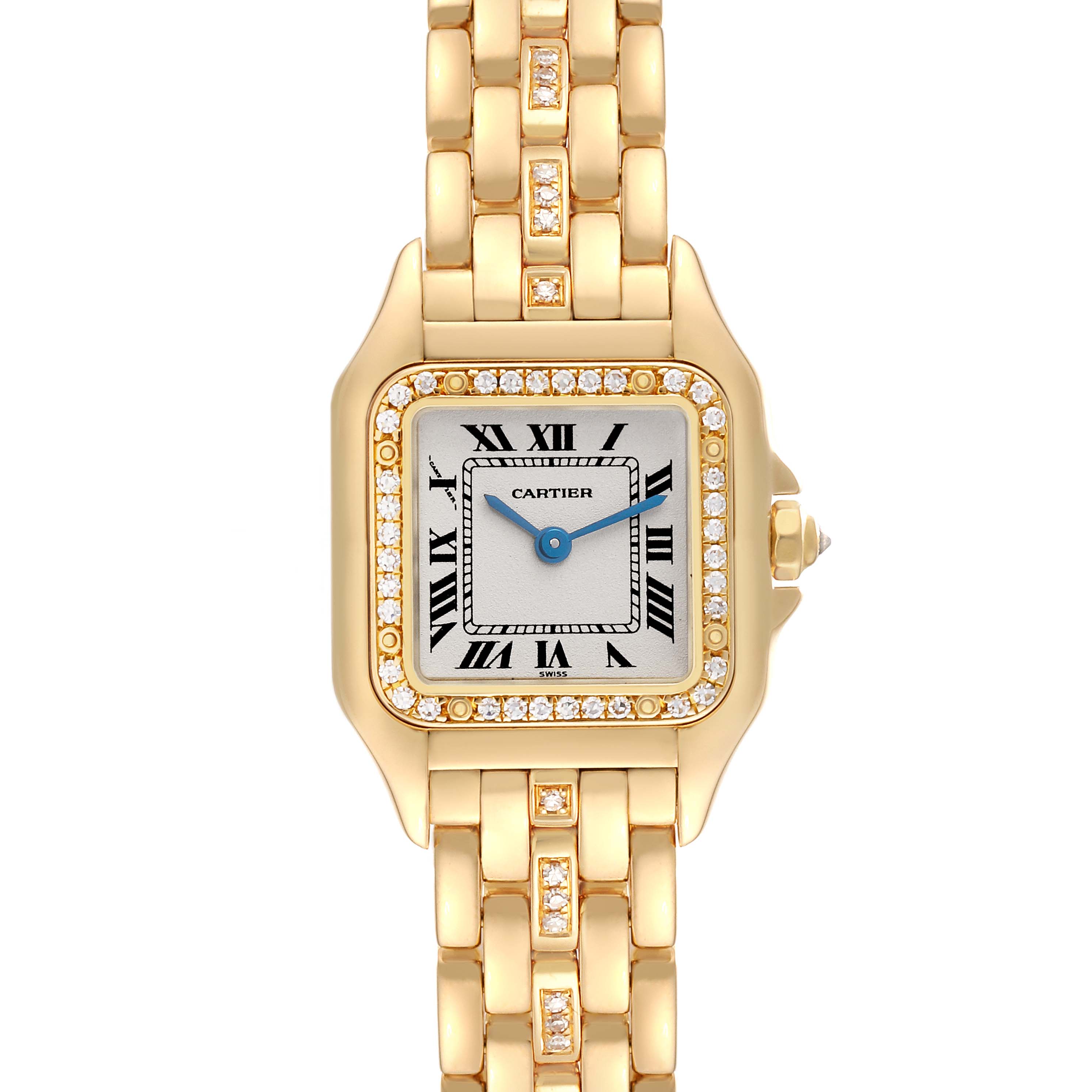 The image shows a front view of a Cartier Panthere WF3070FD Women's Yellow Gold Silver Dial WF3070FD Women's Yellow Gold Silver Dial watch, highlighting its face, bezel with diamonds, and gold bracelet.