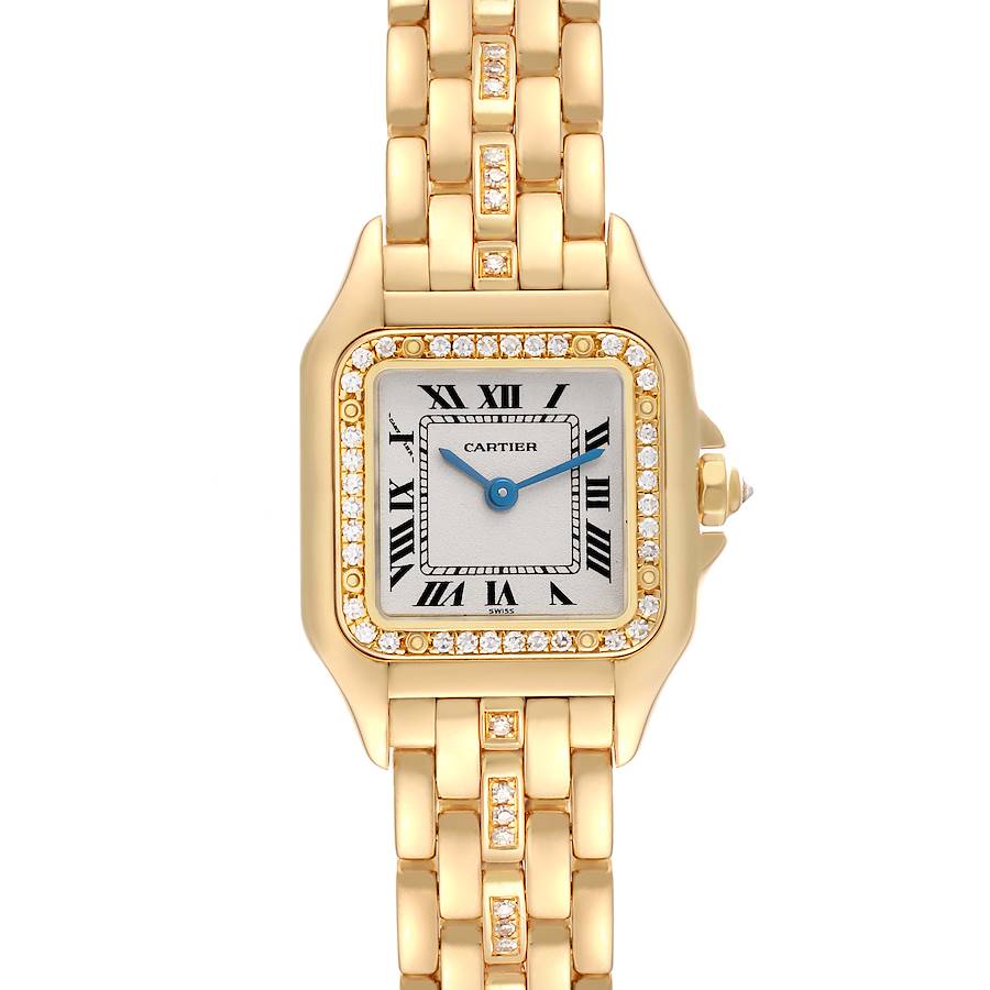 The image shows a front view of a Cartier Panthere watch, highlighting its face, bezel with diamonds, and gold bracelet.