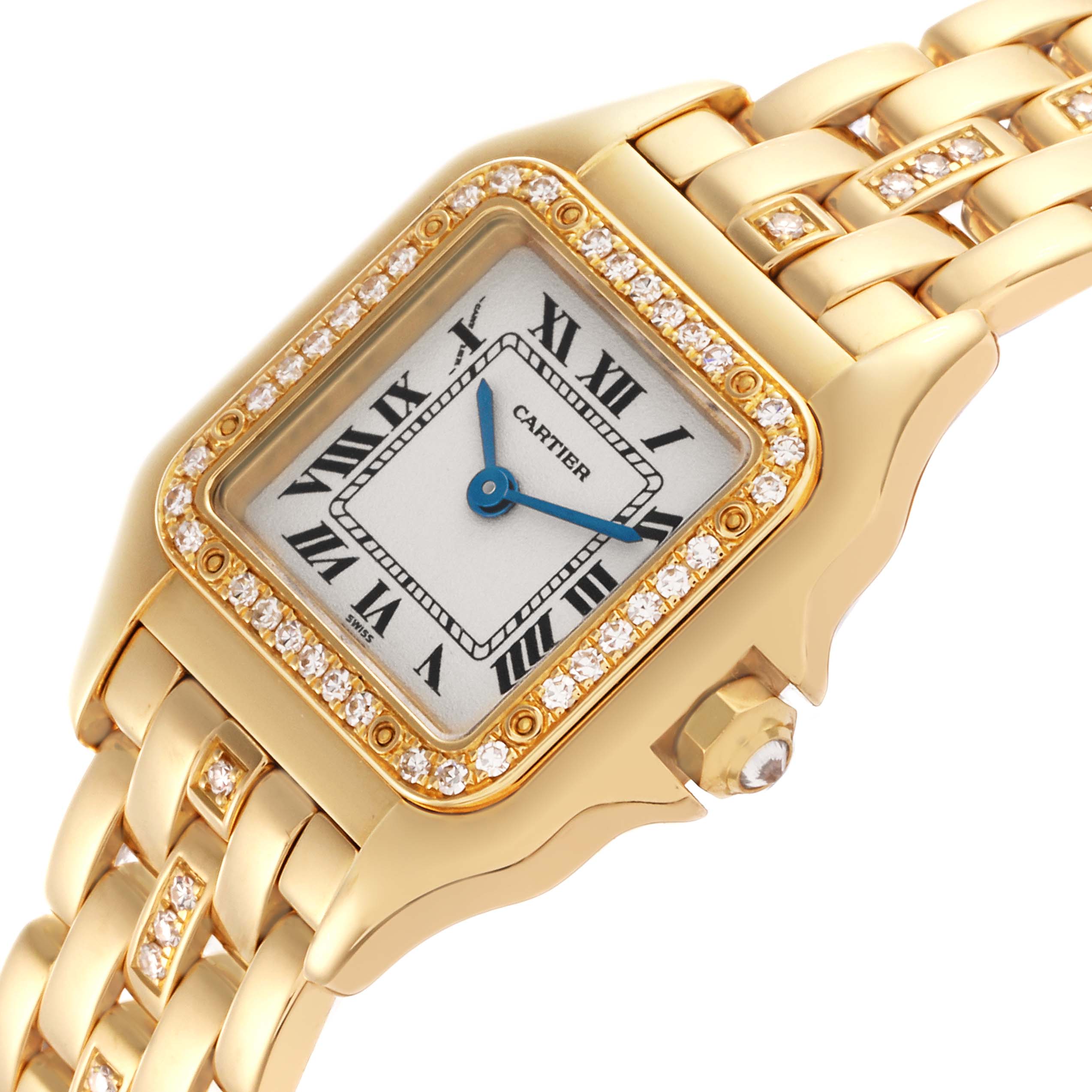 The Cartier Panthere WF3070FD Women's Yellow Gold Silver Dial WF3070FD Women's Yellow Gold Silver Dial watch is shown from a diagonal angle, highlighting the face, diamond bezel, and gold link bracelet.