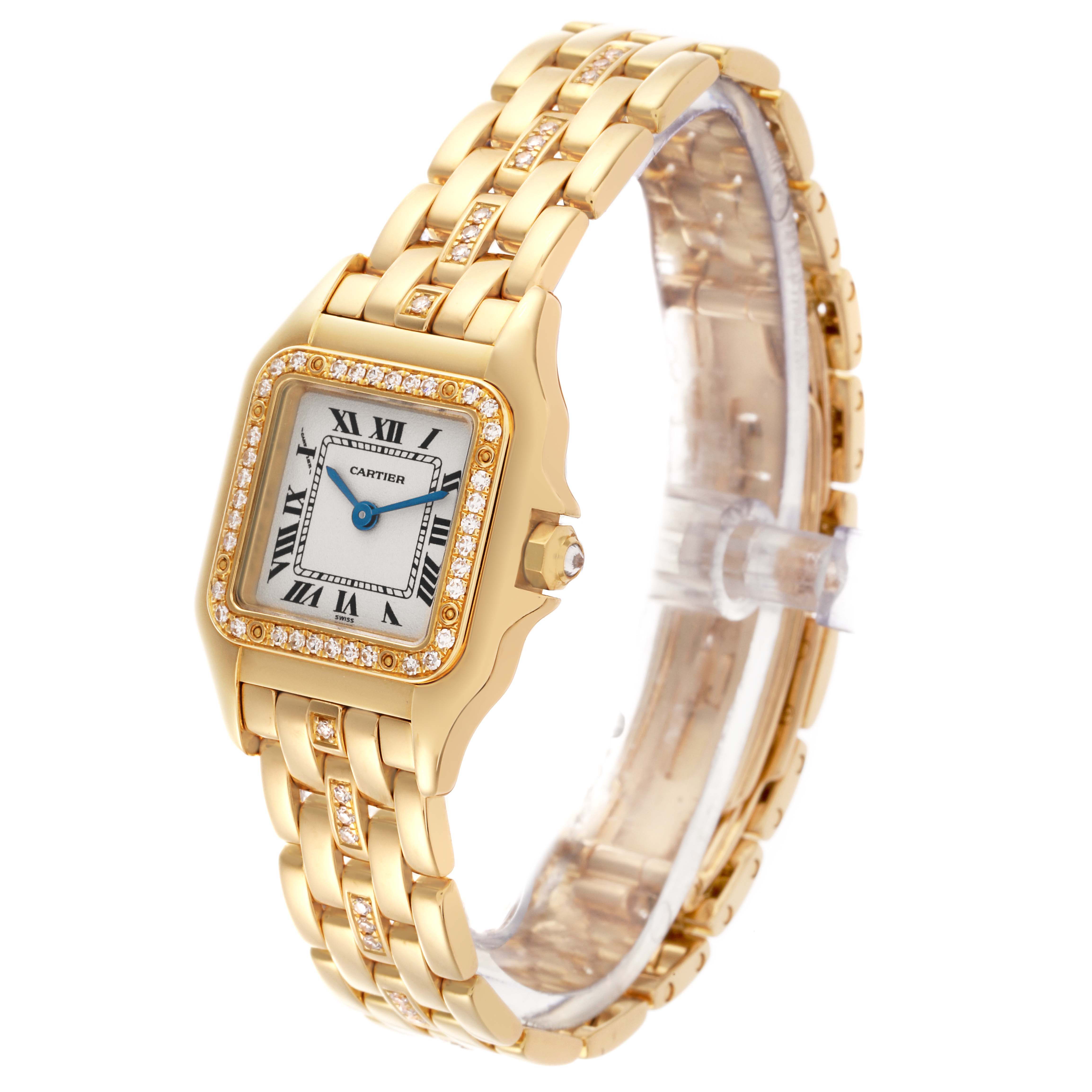 The Cartier Panthere WF3070FD Women's Yellow Gold Silver Dial WF3070FD Women's Yellow Gold Silver Dial watch is shown at a three-quarter angle, highlighting the face, bracelet, and diamond accents.
