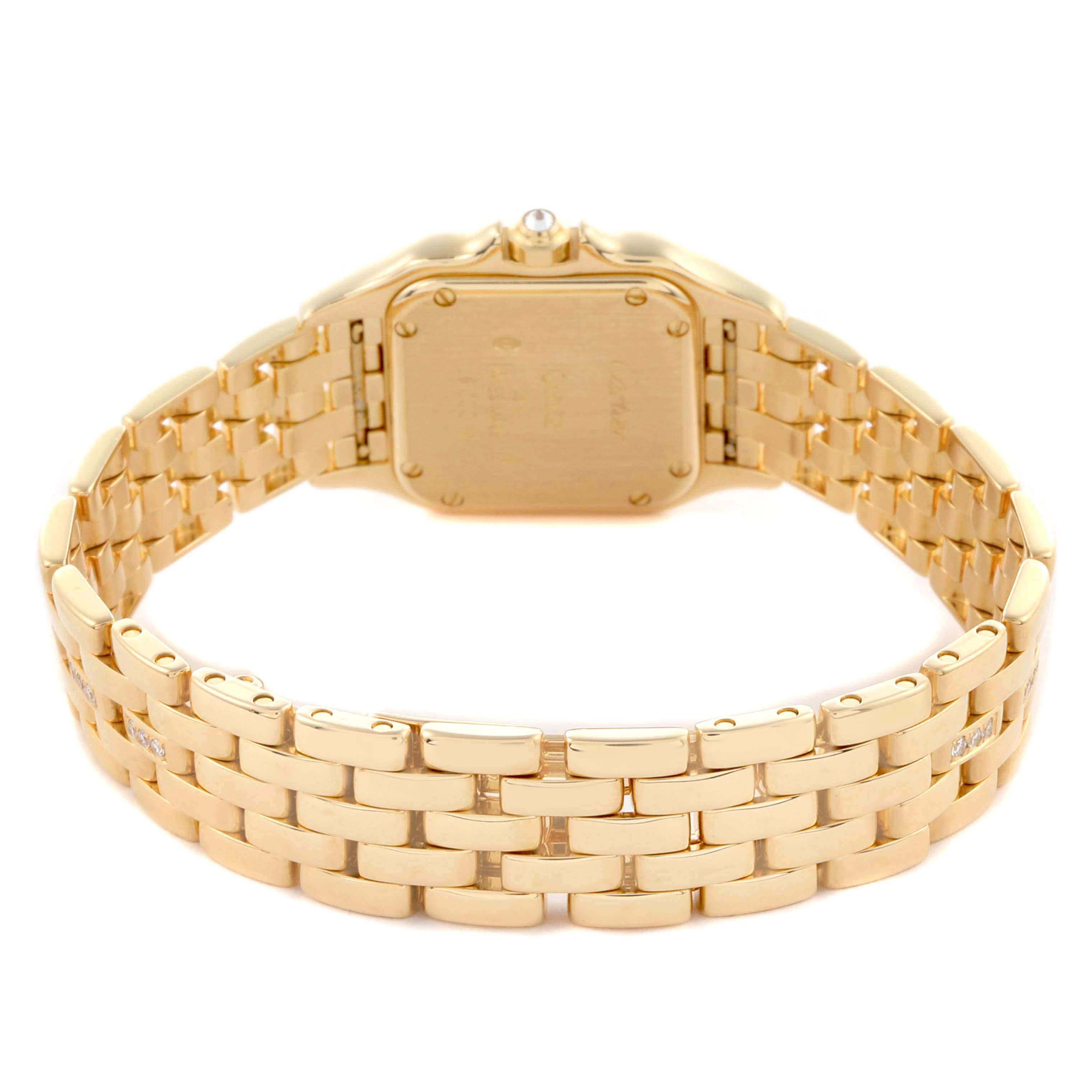 The image shows the back view of the Cartier Panthere WF3070FD Women's Yellow Gold Silver Dial WF3070FD Women's Yellow Gold Silver Dial watch, highlighting its gold bracelet and case back.