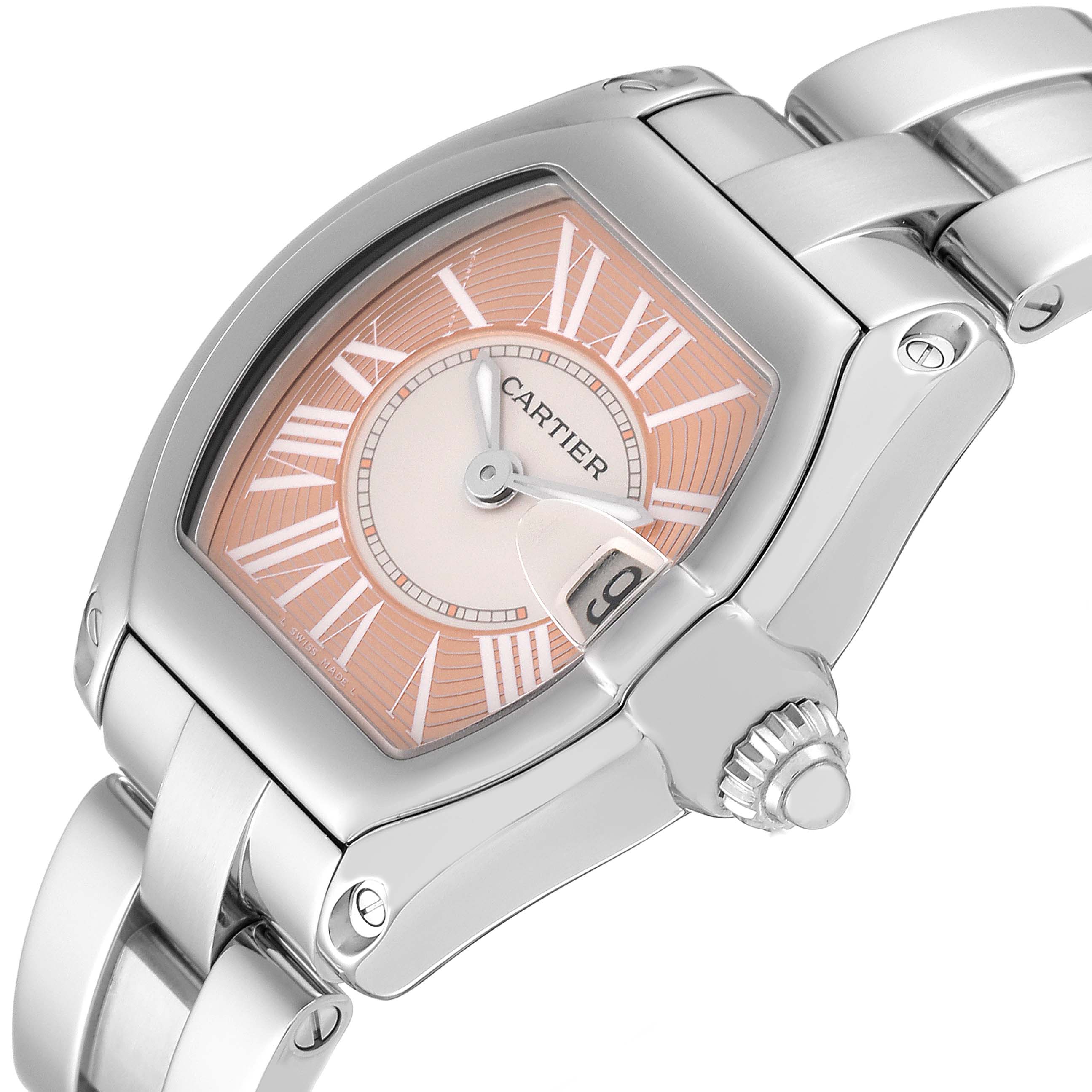 This image showcases a Cartier Roadster W62054V3 Women's Stainless Steel Pink Dial W62054V3 Women's Stainless Steel Pink Dial watch from an oblique angle, highlighting the face, case, crown, and part of the bracelet.