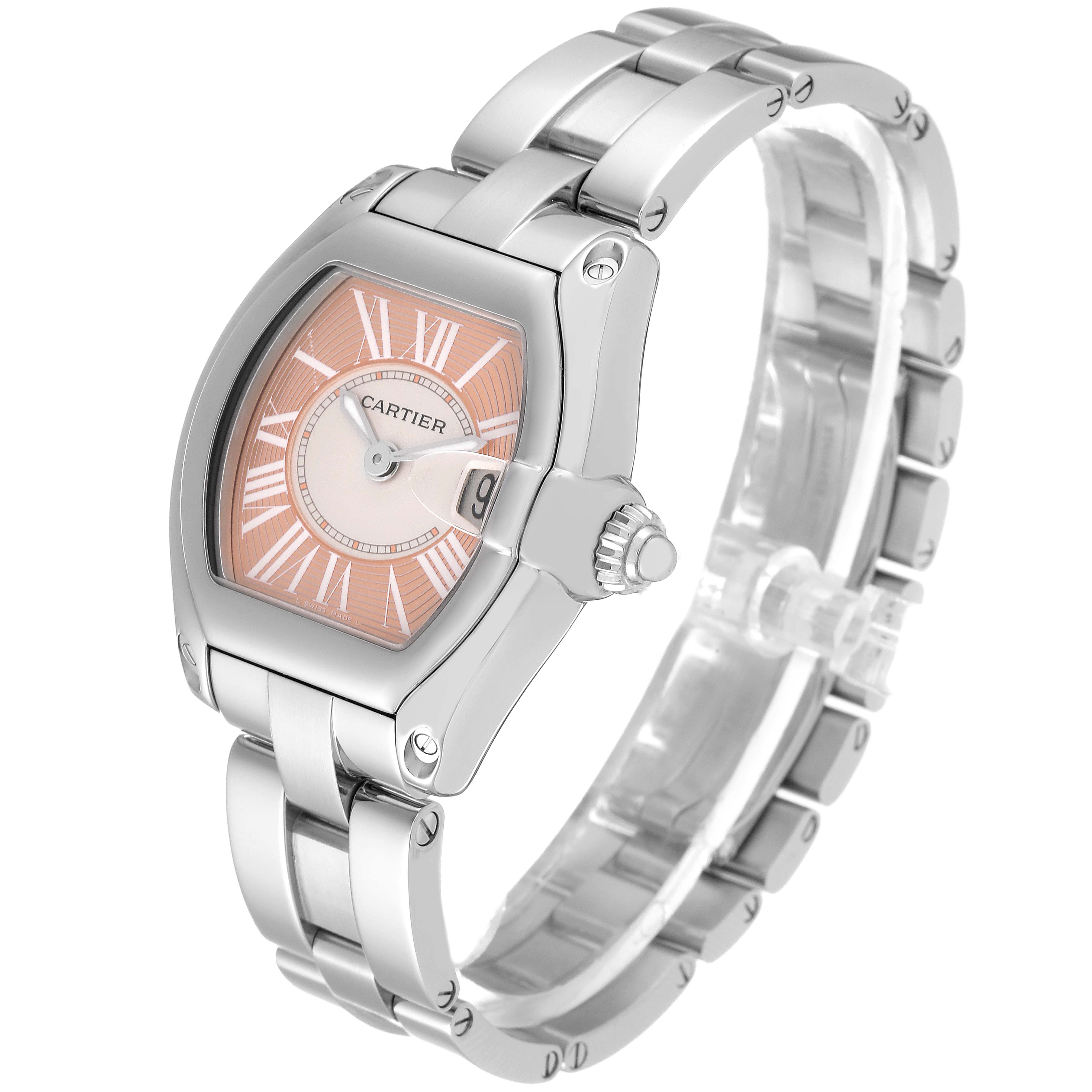 The Cartier Roadster W62054V3 Women's Stainless Steel Pink Dial W62054V3 Women's Stainless Steel Pink Dial watch is displayed at a three-quarter angle, showing the face, crown, and bracelet.