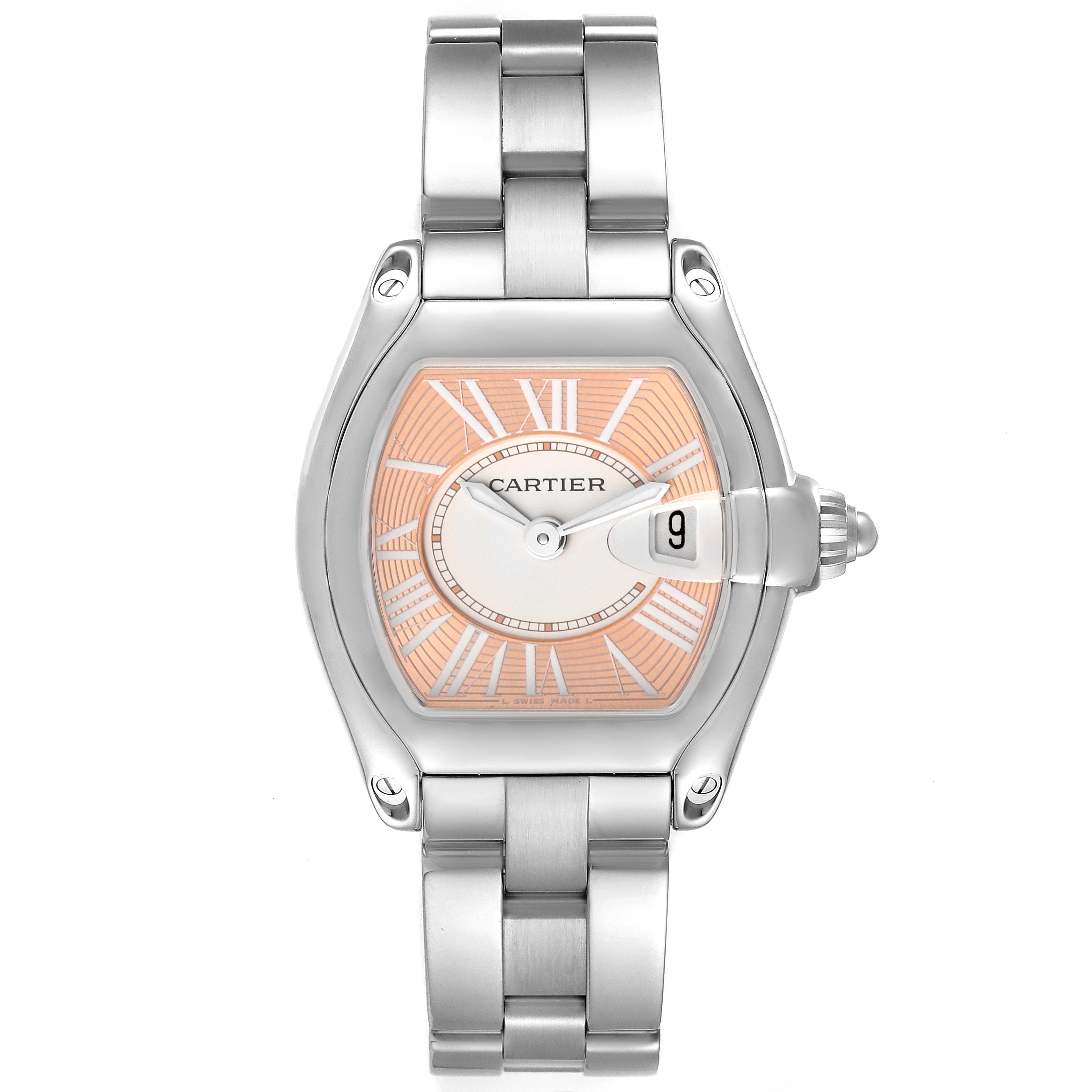 The Cartier Roadster W62054V3 Women's Stainless Steel Pink Dial W62054V3 Women's Stainless Steel Pink Dial watch is shown from a top-down angle, displaying its face, bezel, crown, and the metal bracelet.