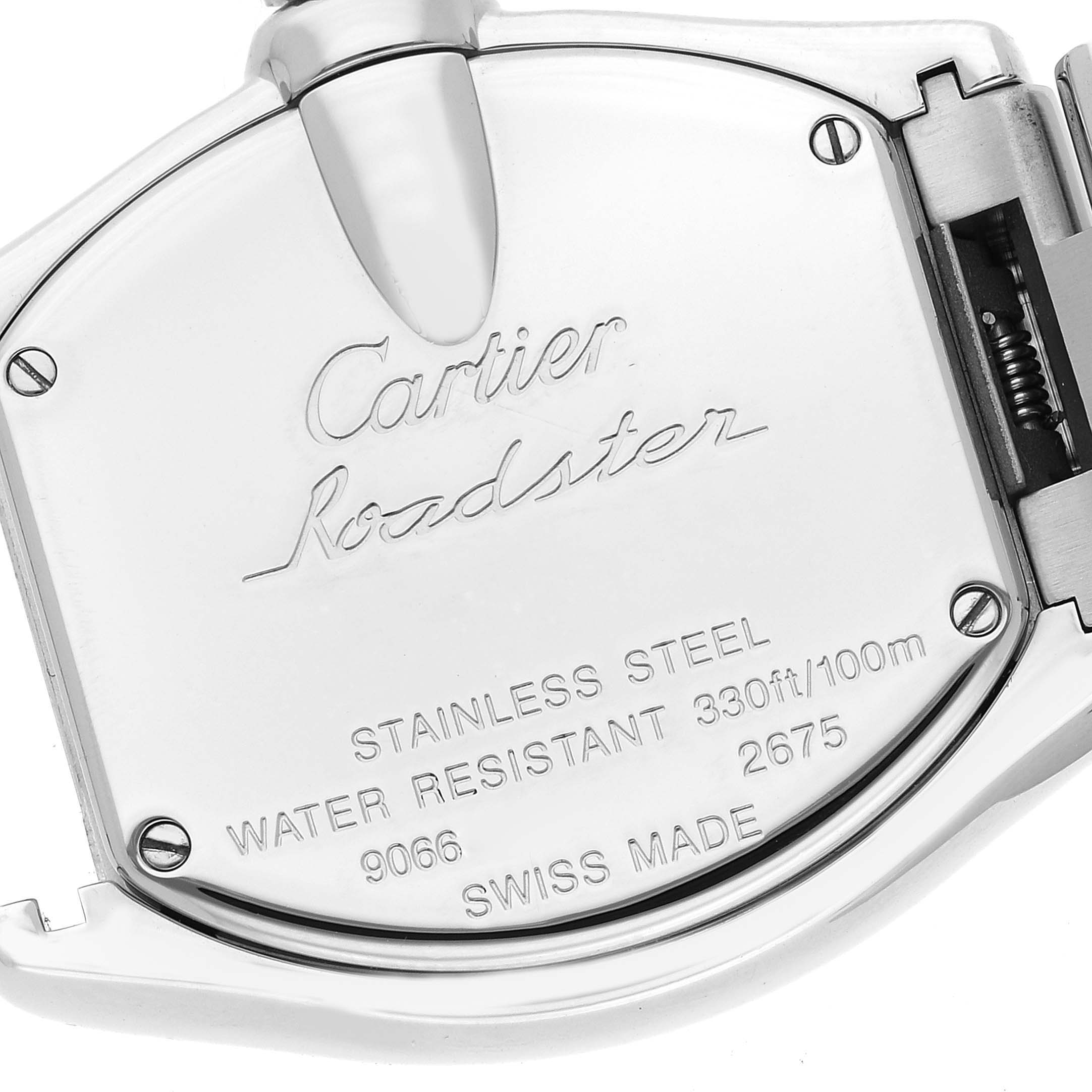 The image shows the back of a Cartier Roadster W62054V3 Women's Stainless Steel Pink Dial W62054V3 Women's Stainless Steel Pink Dial watch, highlighting the stainless steel case and water-resistant markings.