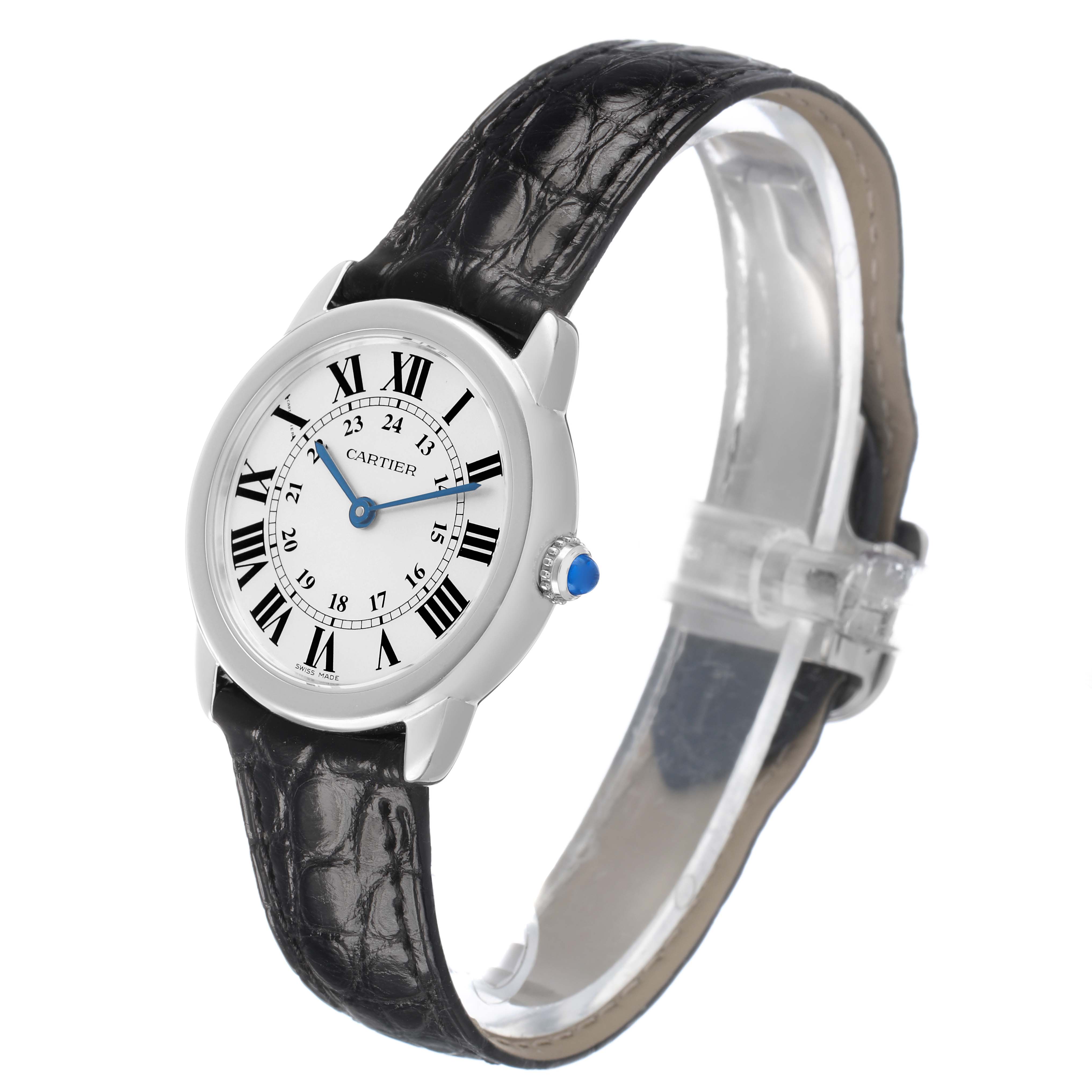 The Cartier Ronde W6700155 Women's Stainless Steel Silver Dial watch is shown at a slight side angle, highlighting the face, Roman numerals, and black leather strap.