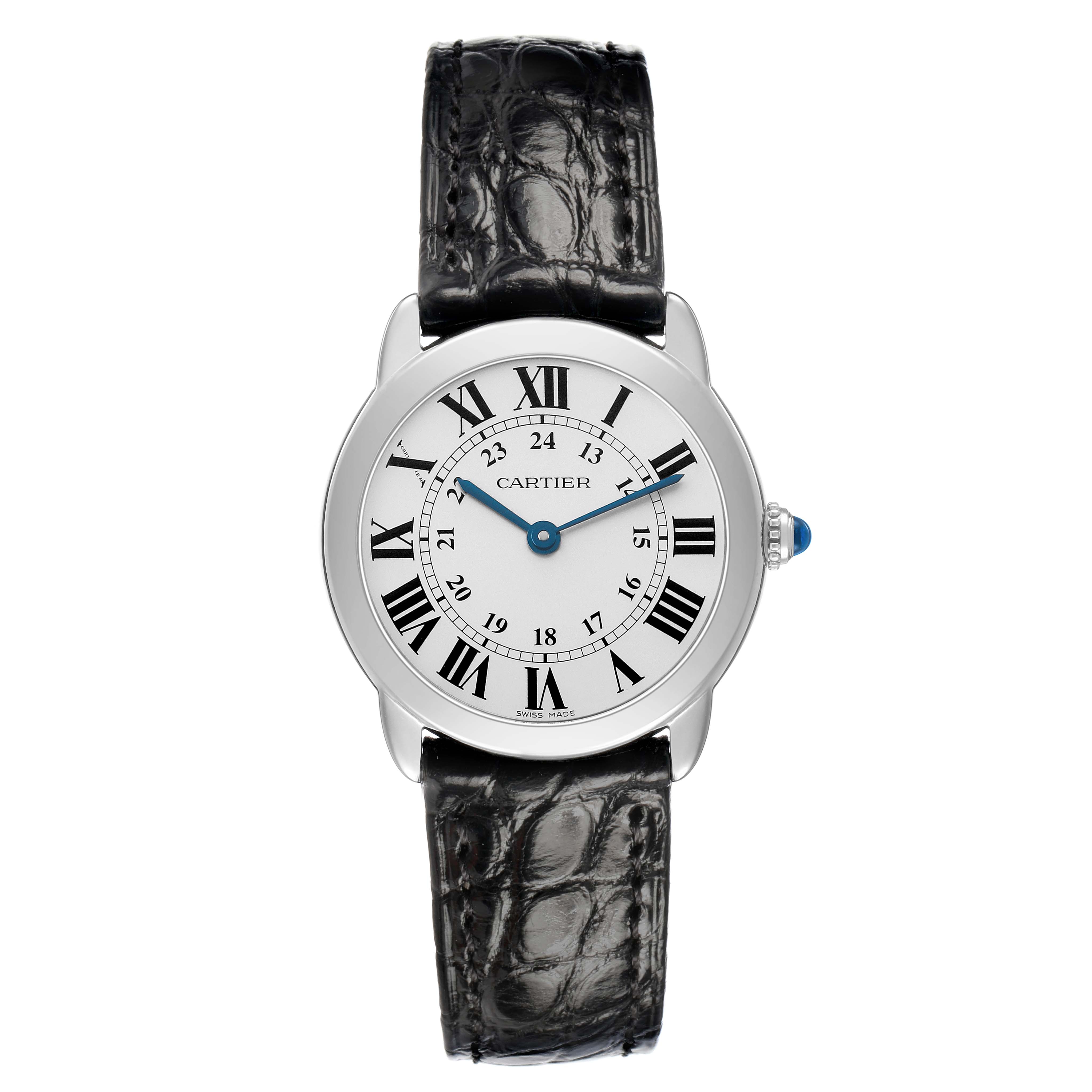 The Cartier Ronde W6700155 Women's Stainless Steel Silver Dial watch is shown from a top-down angle, displaying its face, roman numerals, hands, and a black leather strap.