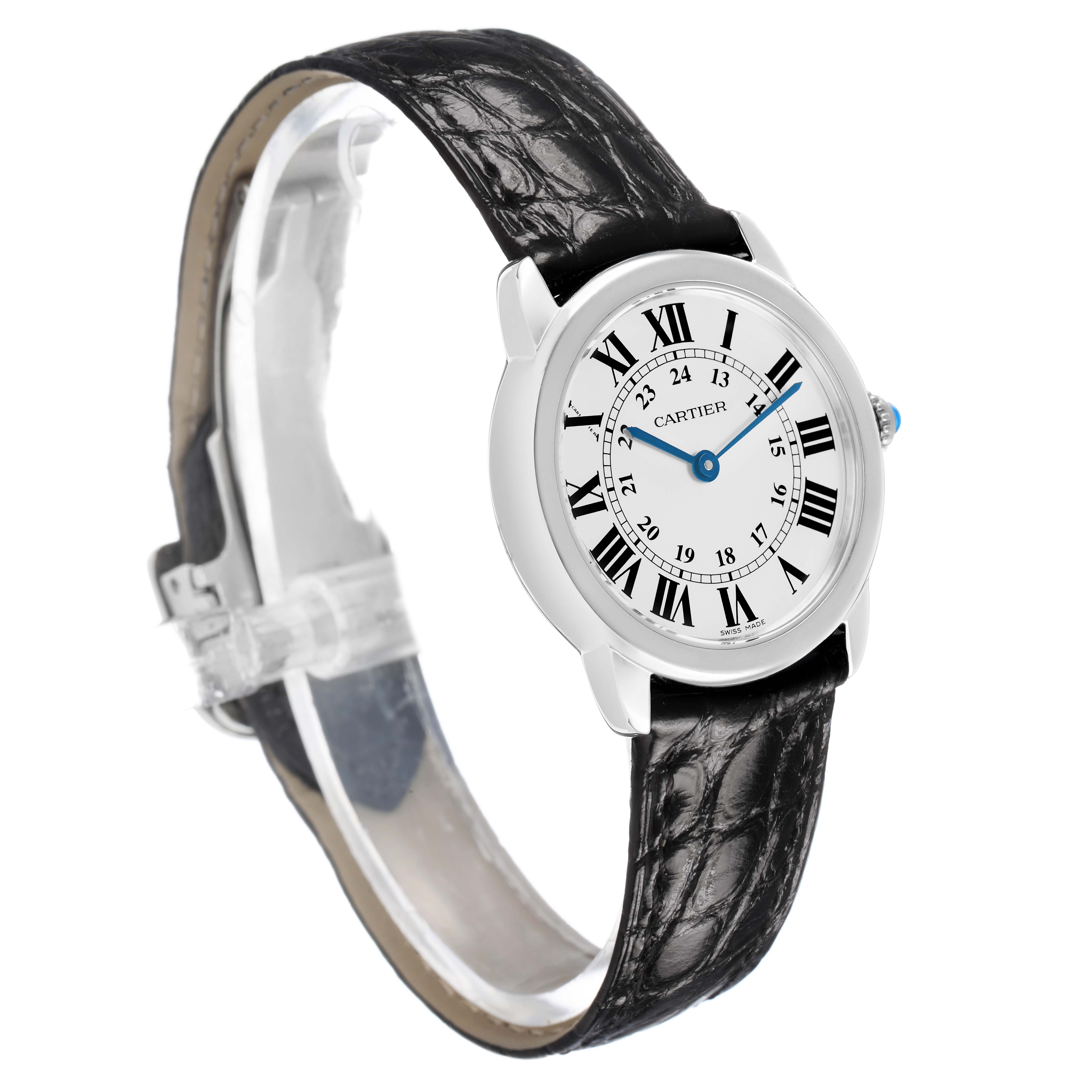 The Cartier Ronde W6700155 Women's Stainless Steel Silver Dial watch is displayed at an angled side view, showing the dial, leather strap, and blue hands clearly.