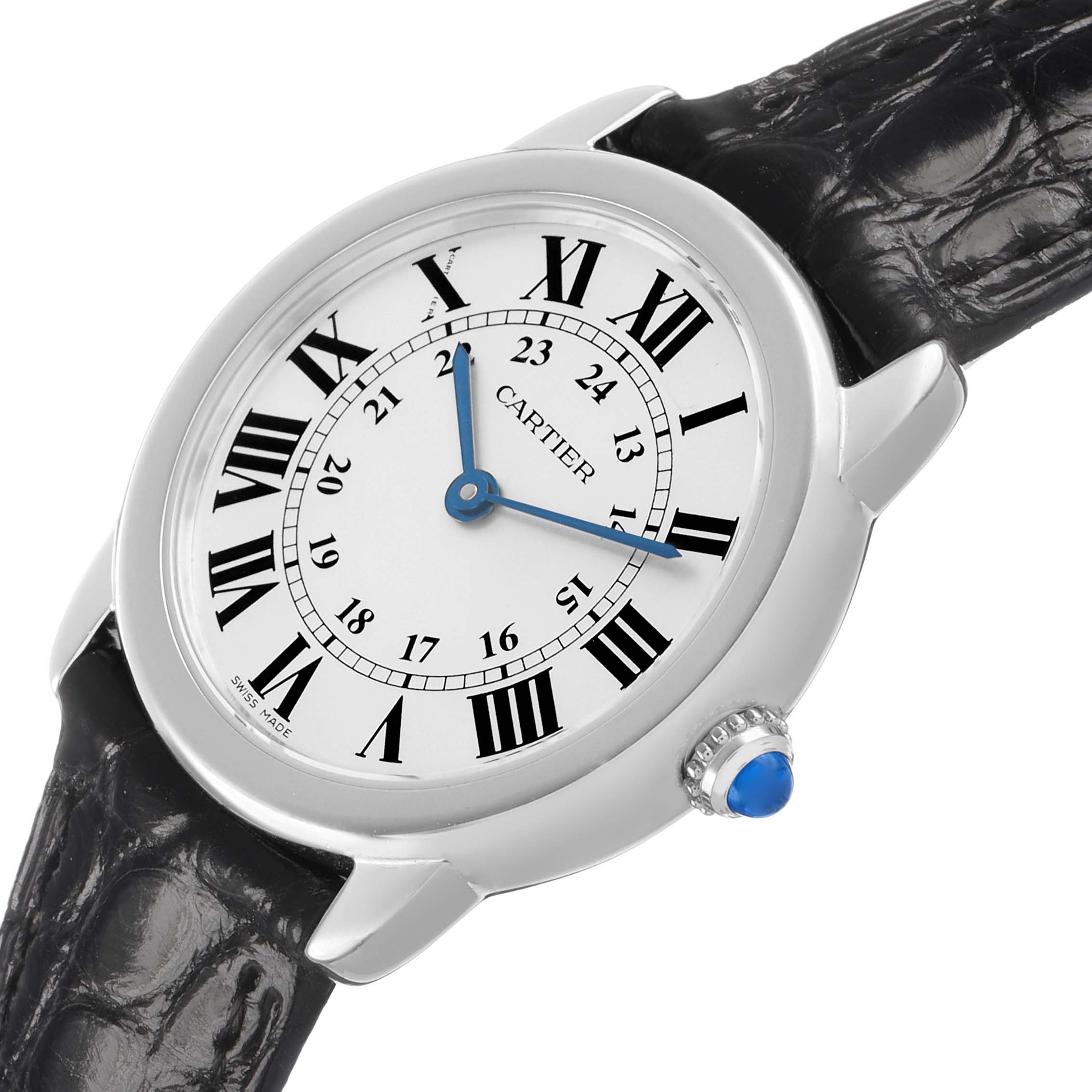 The Cartier Ronde W6700155 Women's Stainless Steel Silver Dial watch is shown at a slight angle, displaying its face, Roman numerals, hands, crown, and strap.