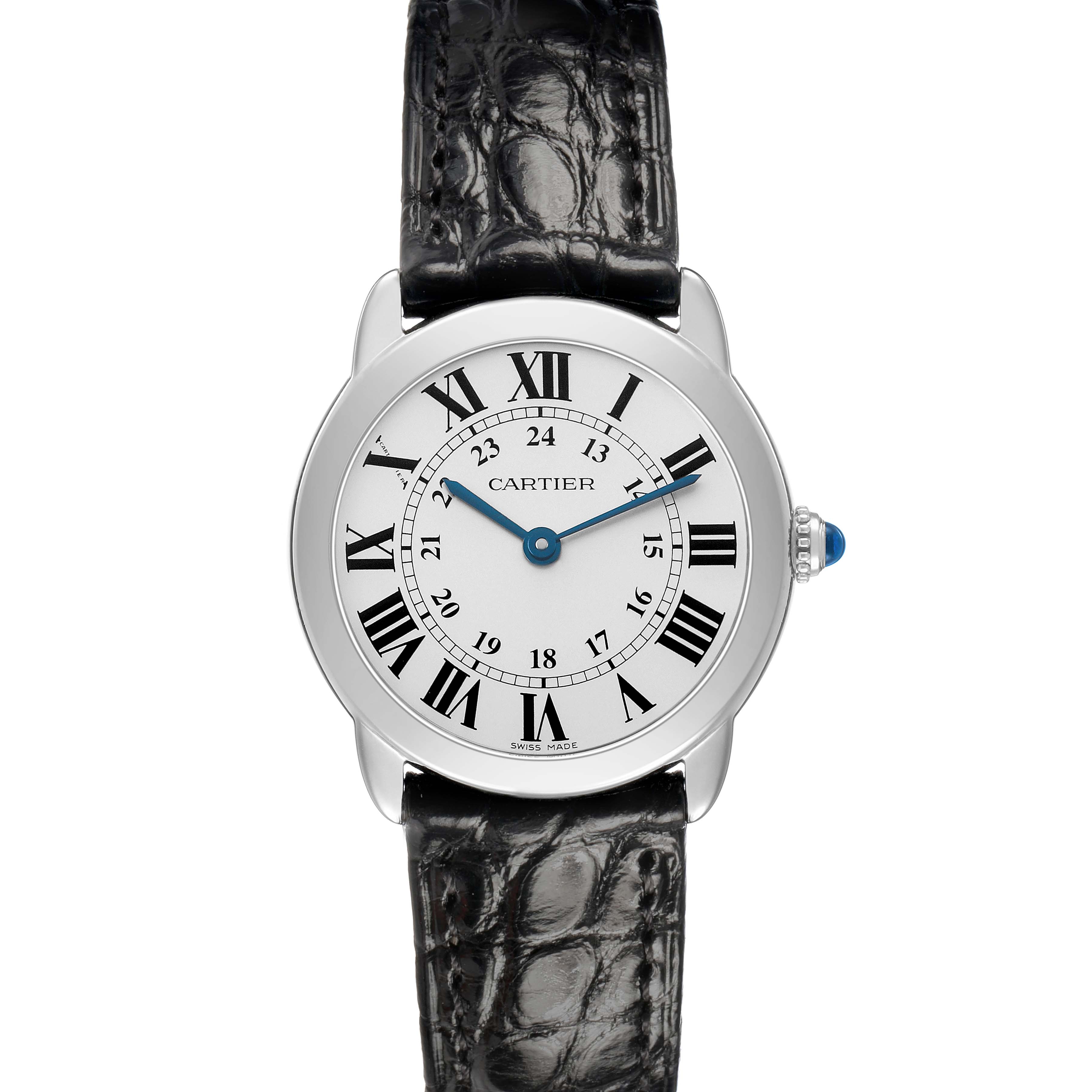 The Cartier Ronde W6700155 Women's Stainless Steel Silver Dial watch is shown from a top view, displaying the dial, Roman numerals, hands, and crown with a blue cabochon.
