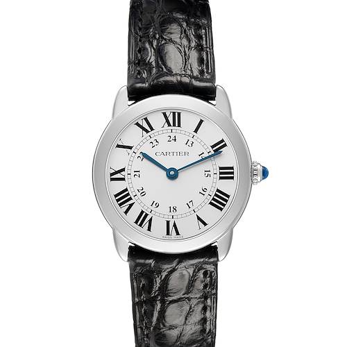 The image shows a Cartier Ronde W6700155 Women's Stainless Steel Silver Dial watch from a front angle, featuring its face, Roman numerals, and a textured black leather strap.