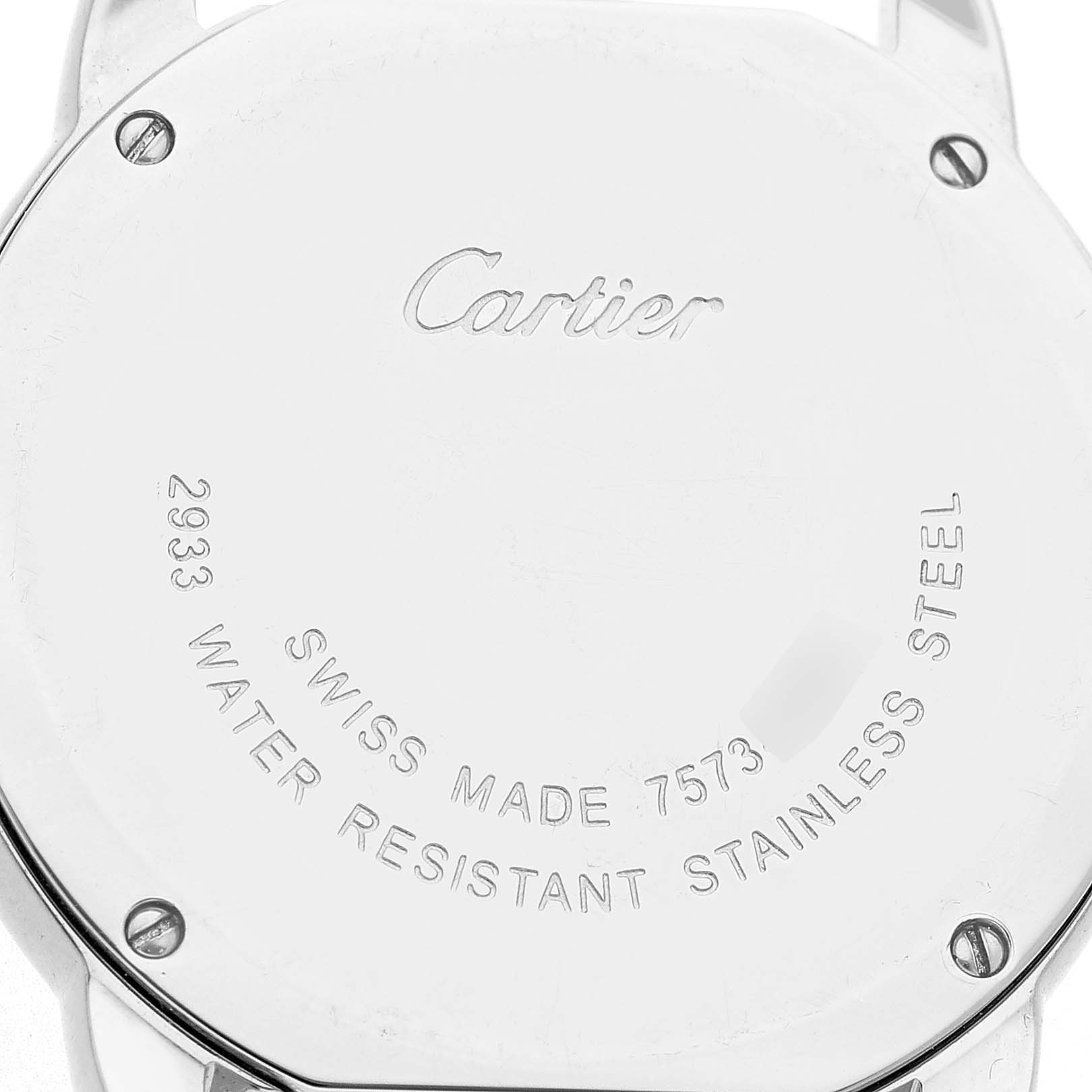 The image shows the back case of a Cartier Ronde W6700155 Women's Stainless Steel Silver Dial watch with engravings, including "Swiss Made" and "Water Resistant Stainless Steel."