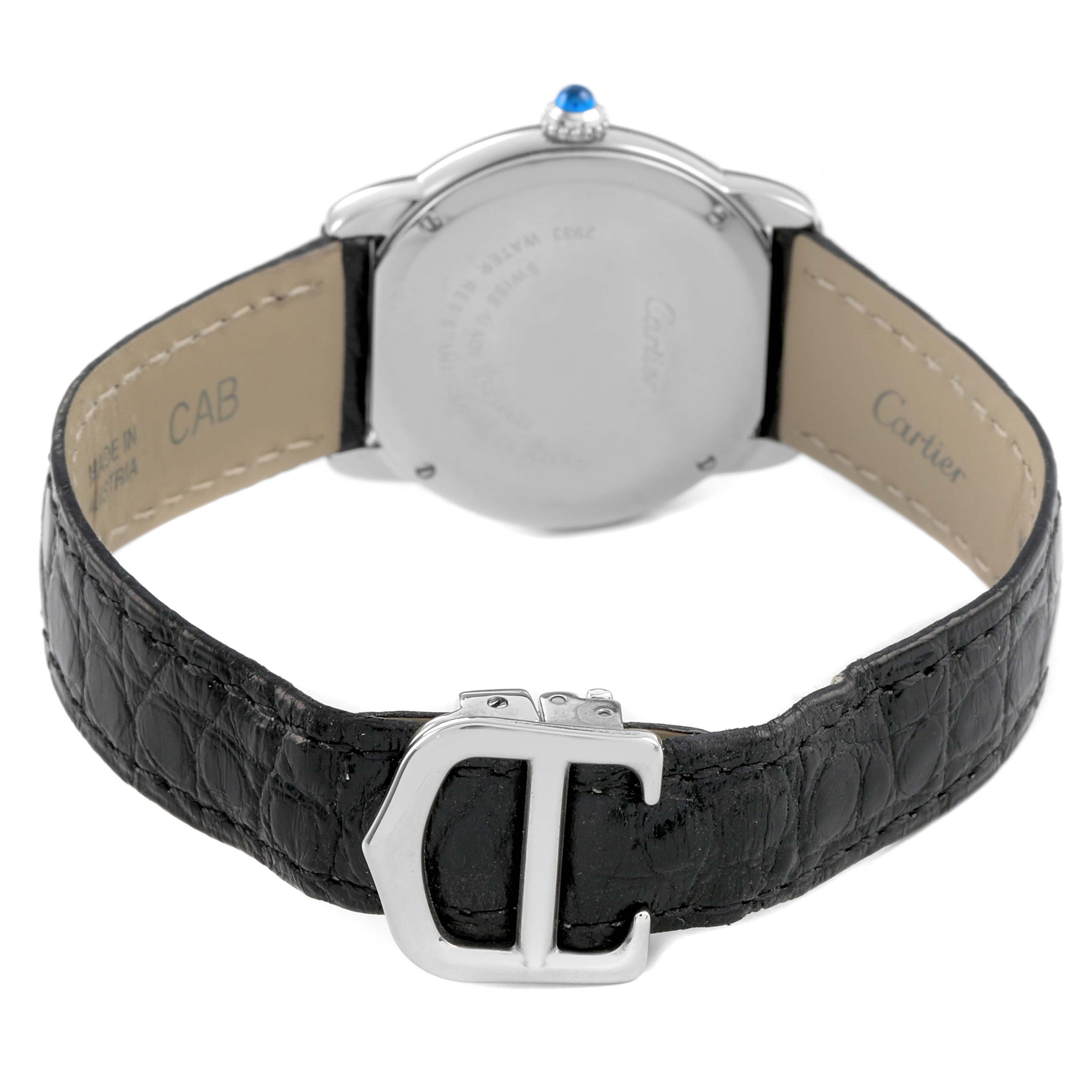 The image shows the back of a Cartier Ronde W6700155 Women's Stainless Steel Silver Dial watch, focusing on the leather strap and clasp with a view of the case back.