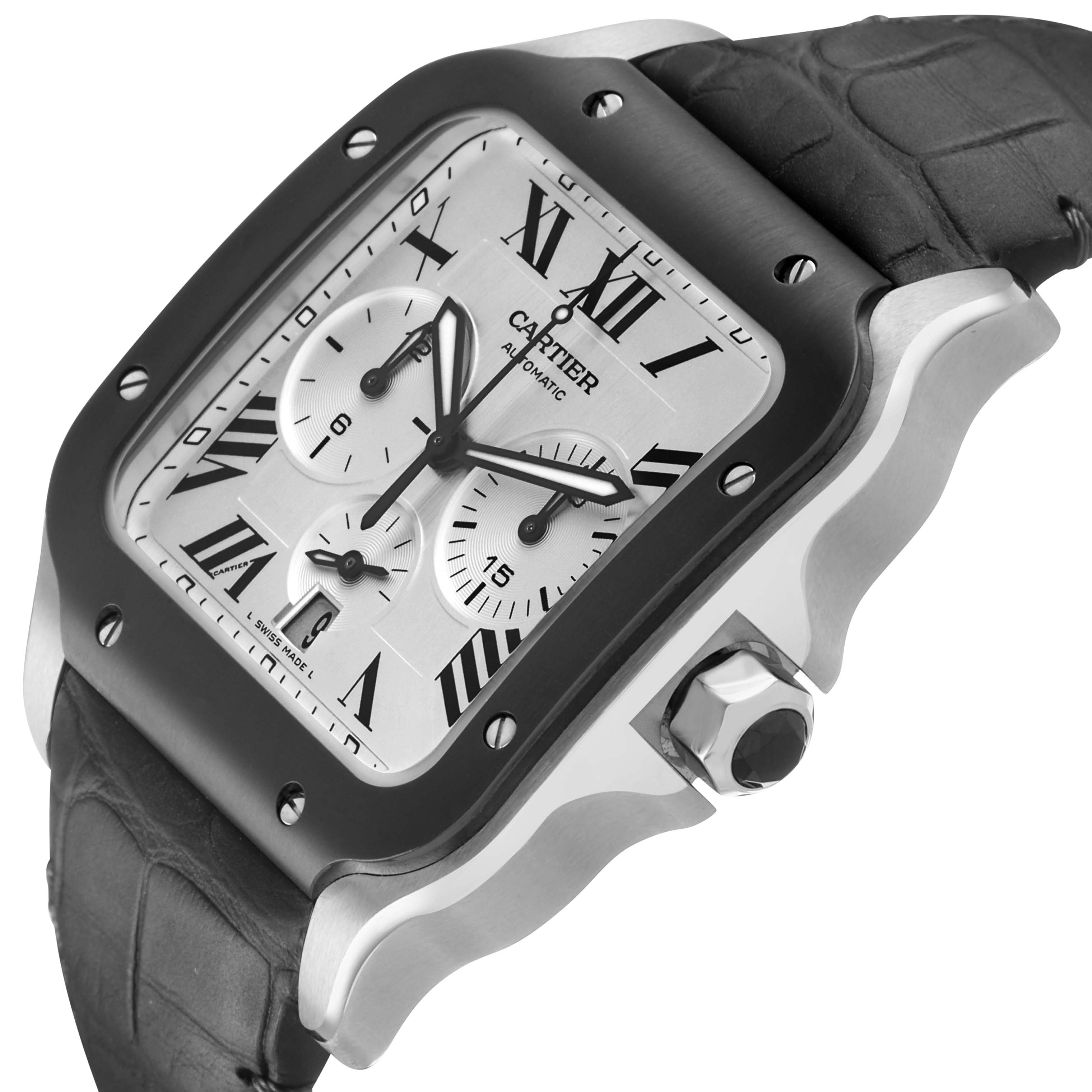 The Cartier Santos WSSA0017 Men's Stainless Steel Silver Dial watch is shown at an angled side view displaying its face, black bezel, dial, and black leather strap.