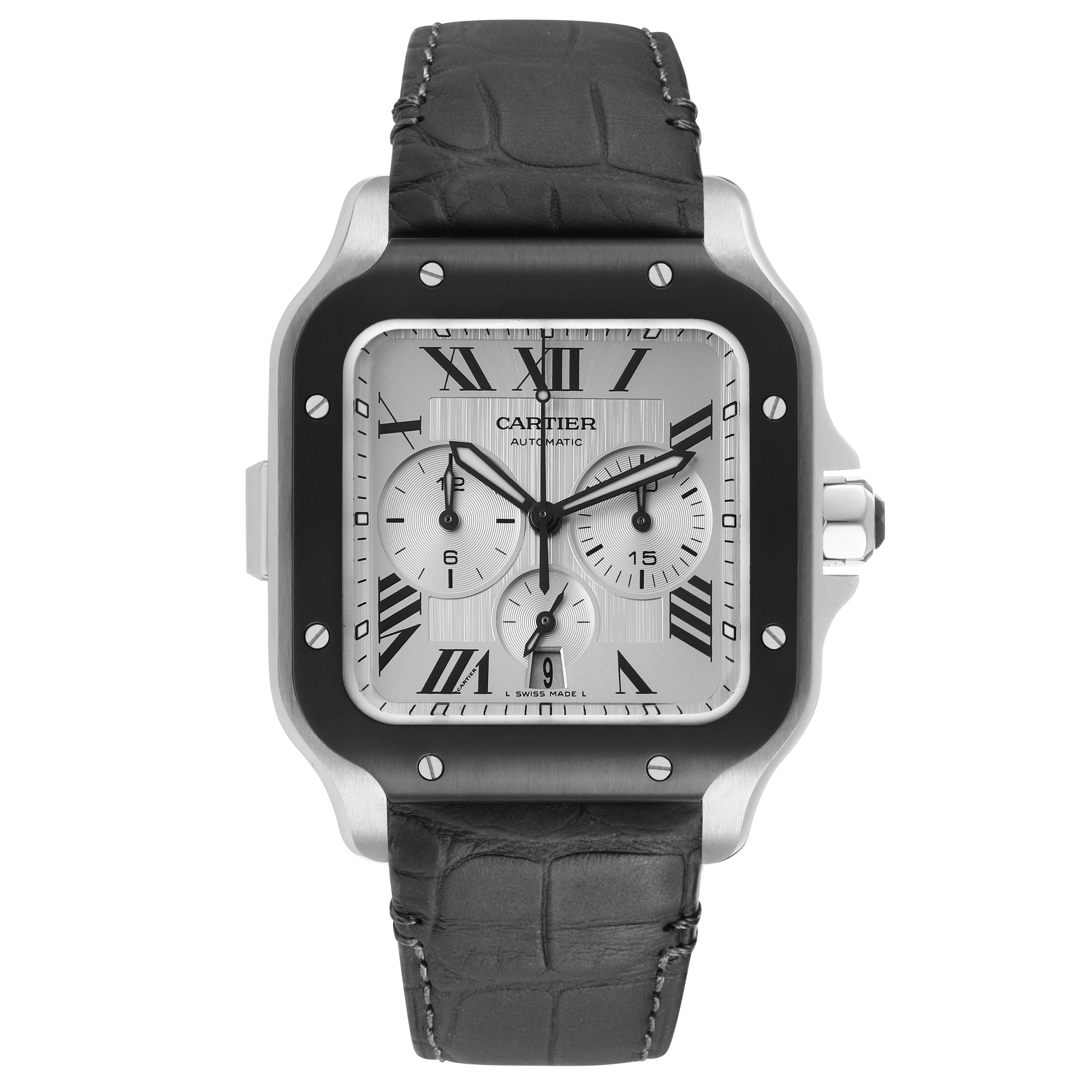 The Cartier Santos WSSA0017 Men's Stainless Steel Silver Dial watch is shown from a front view, displaying its square case, bezel, dial with Roman numerals, and leather strap.